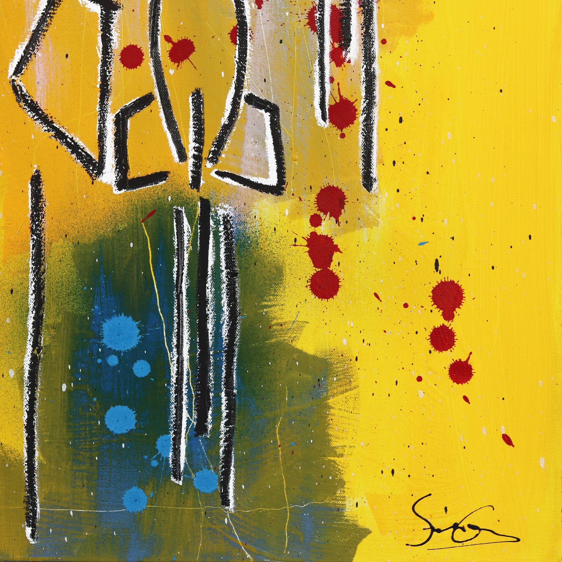 Cohetes - Obra de Arte Figurativa Neoexpresionista Amarilla en venta 4