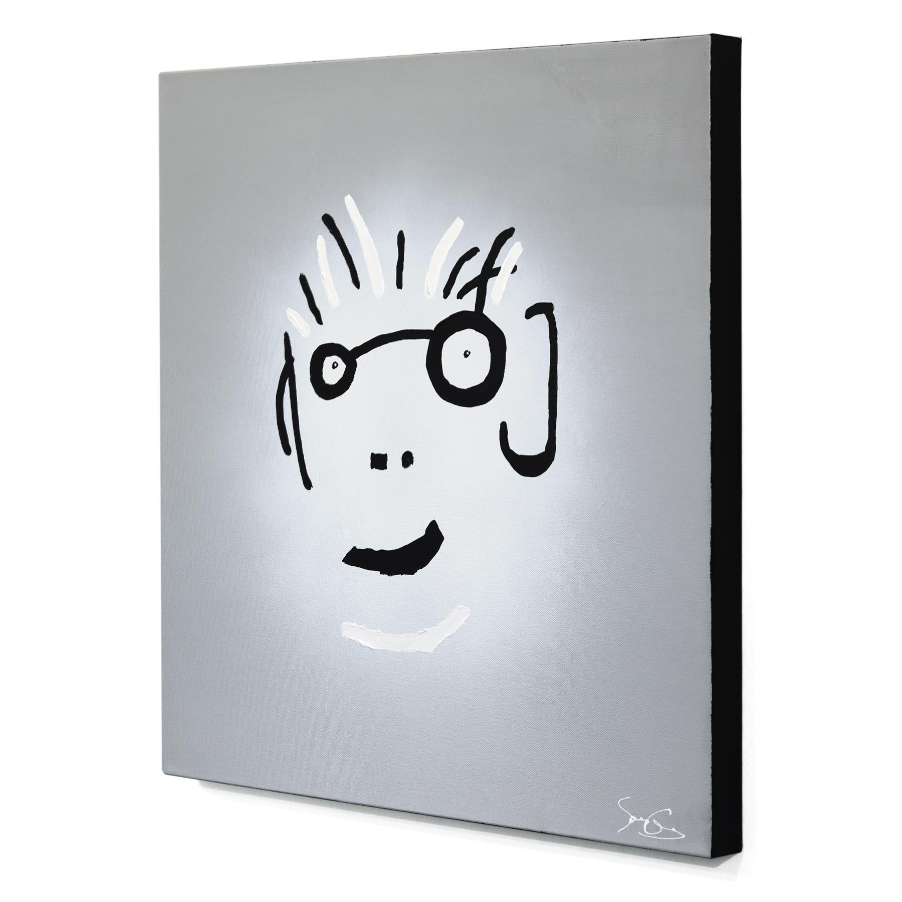 Spike Head - Abstract Quirky Figurative Portrait Mixed Media Artwork on Canvas - Gray Figurative Painting by Soren Grau