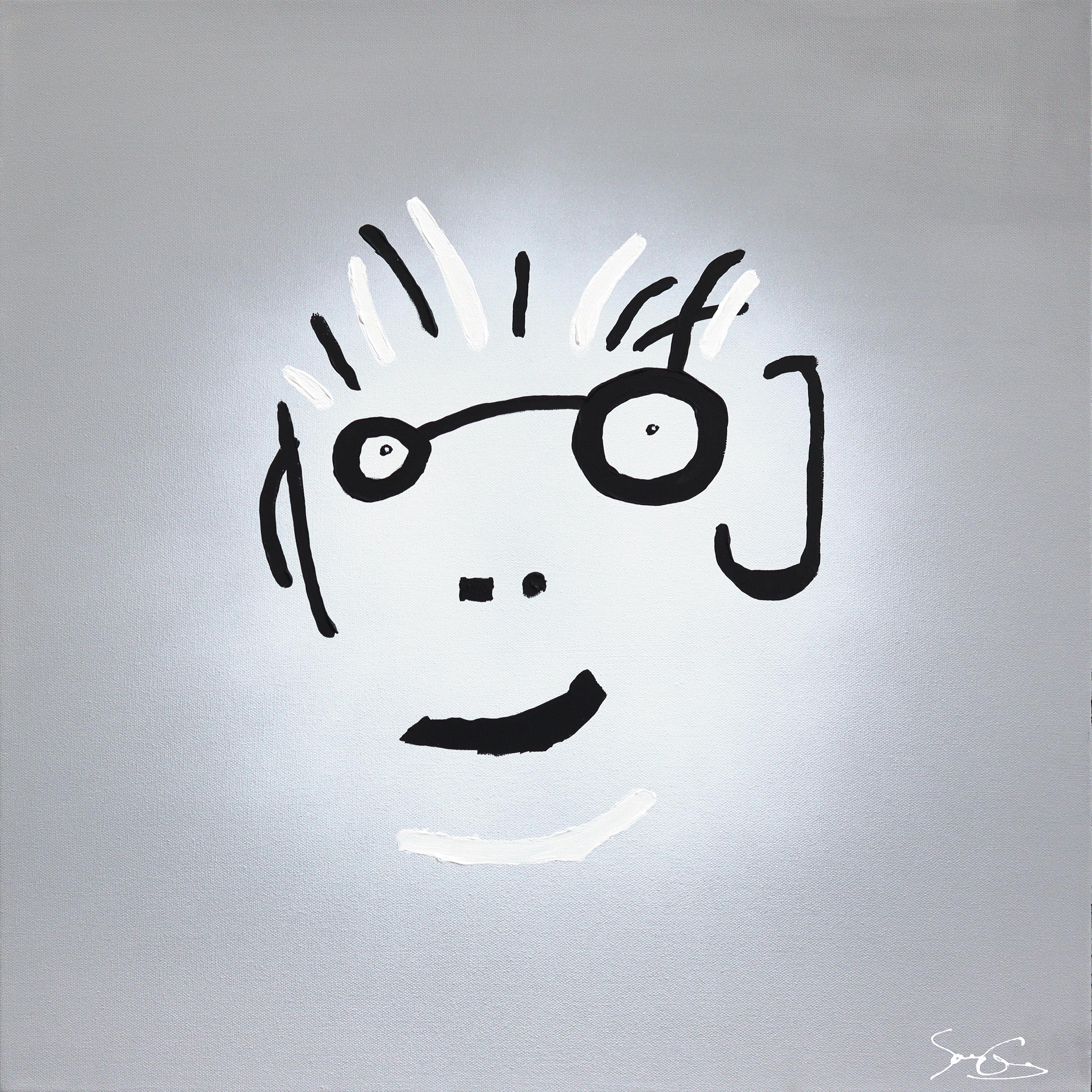 Soren Grau Figurative Painting - Spike Head - Abstract Quirky Figurative Portrait Mixed Media Artwork on Canvas