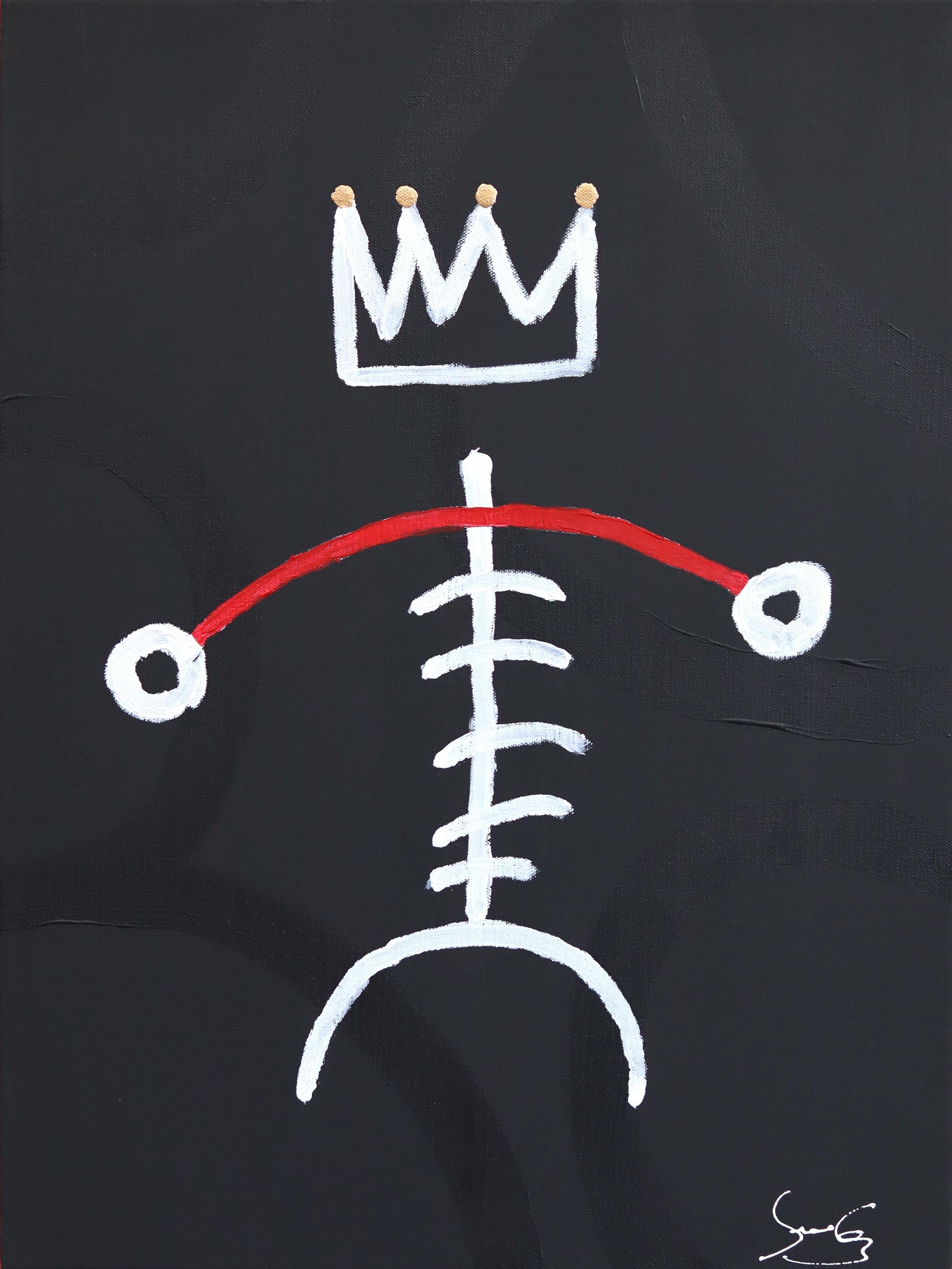 Soren Grau Figurative Painting – Der kopflose König - Original Figuratives Schwarz, Rot, Weiß Abstraktes Kunstwerk