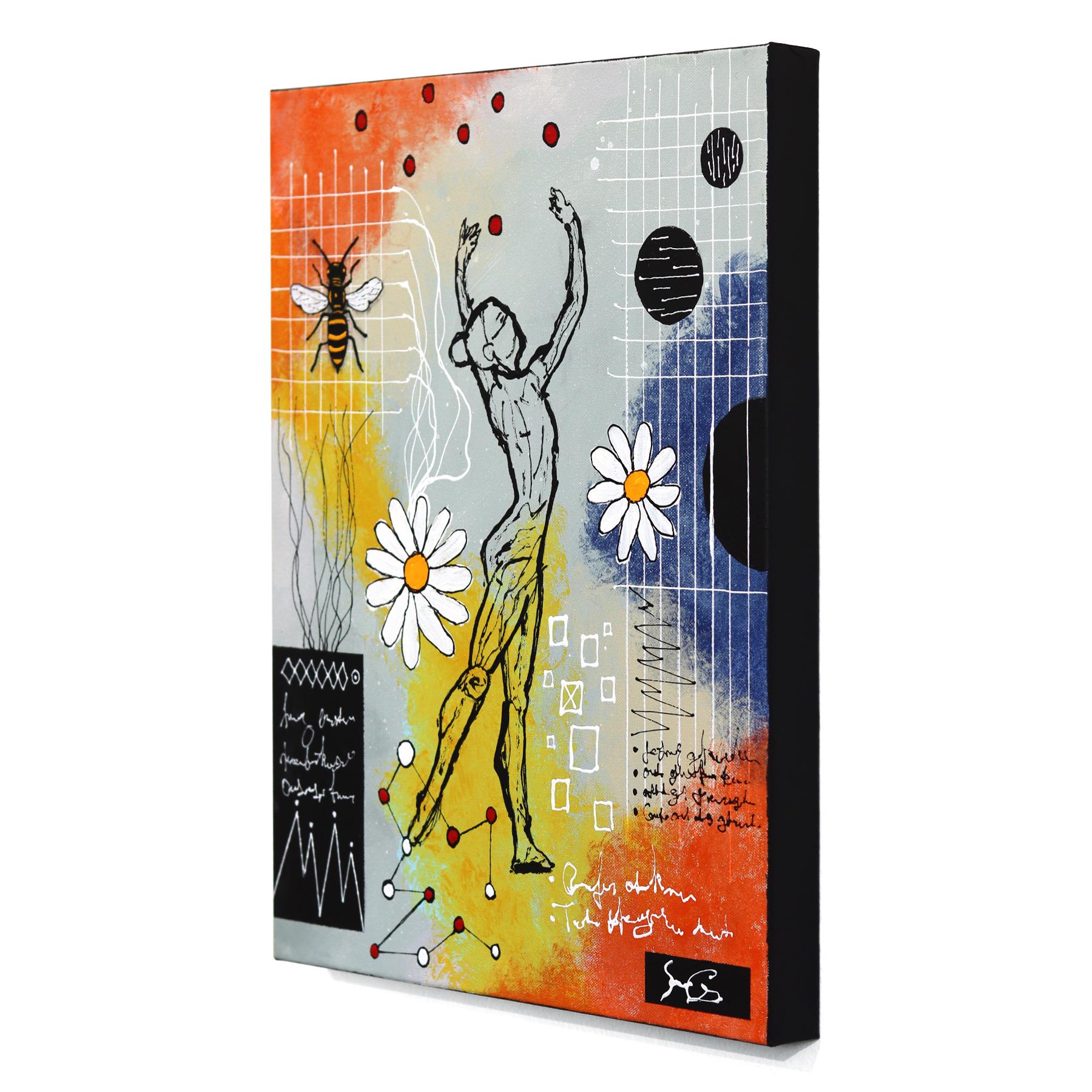 The Leap - Original Abstract Modern Figurative Mixed Media Artwork on Canvas - Beige Figurative Painting par Soren Grau