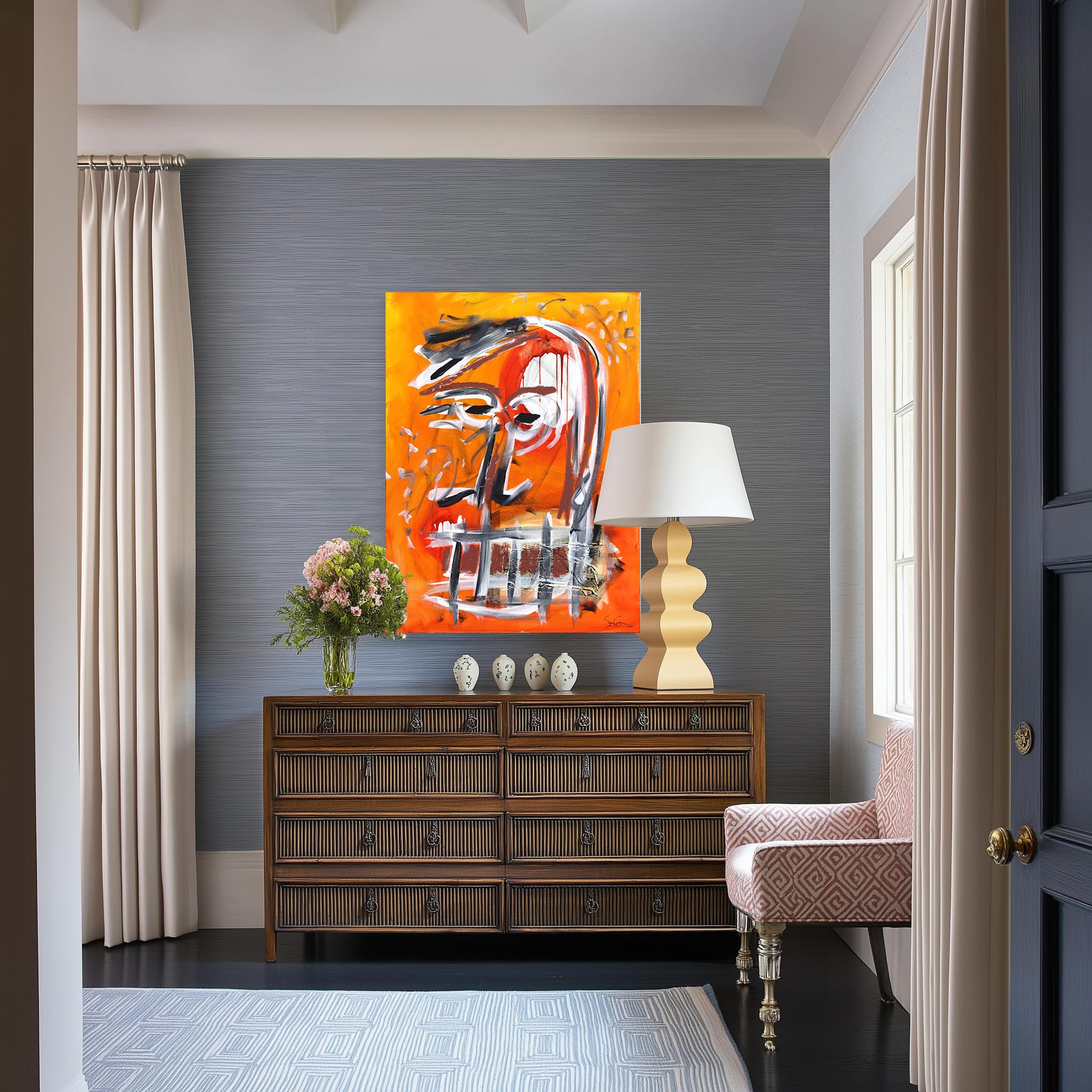 The Watcher - Original Figurative Vibrant Colorful Fire Tone Abstract Painting - Orange Figurative Painting by Soren Grau