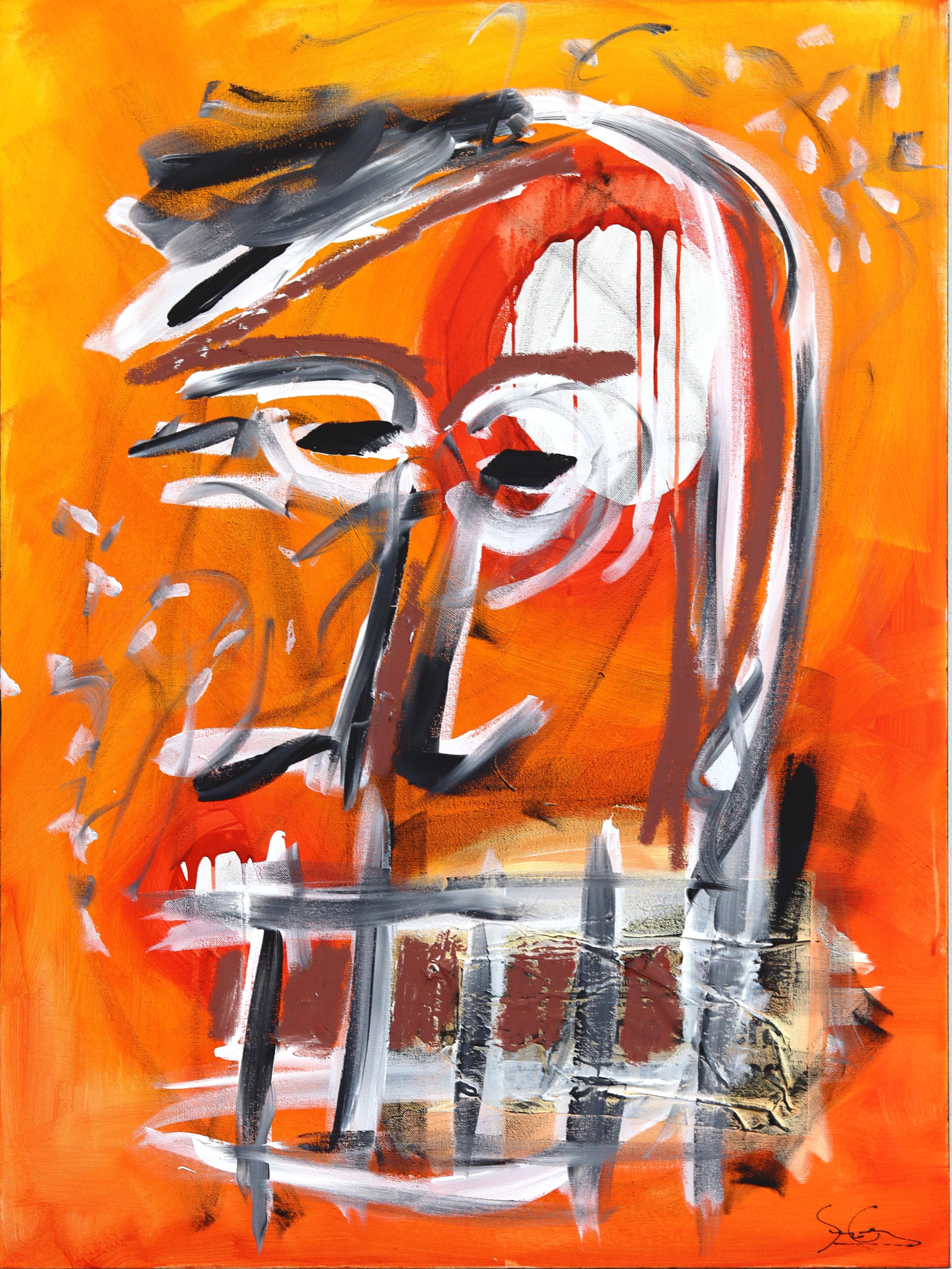 Soren Grau Figurative Painting - The Watcher - Original Figurative Vibrant Colorful Fire Tone Abstract Painting