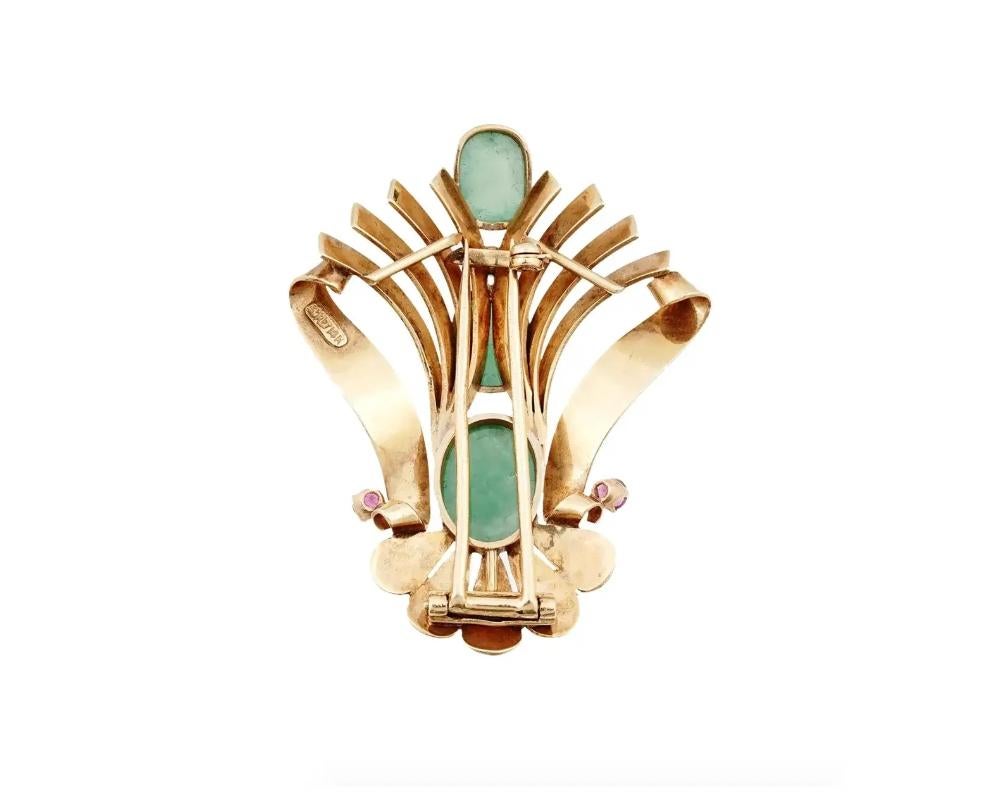 Retro Soret 14K Gold Hand Carved Jade And Ruby Brooch For Sale