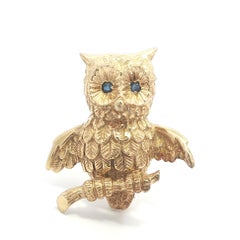 Soret Somers Ernest Co. 14k Yellow Gold Whimsical Owl Brooch Pin Sapphire Eyes