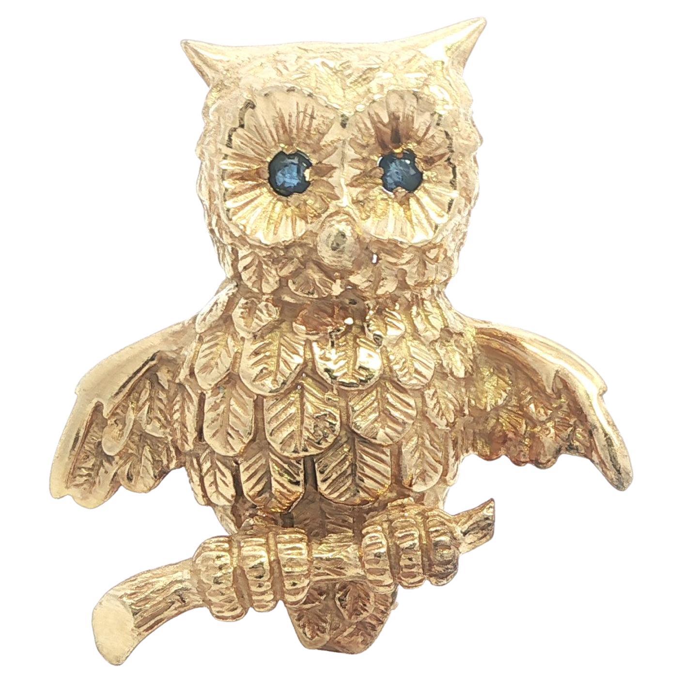 Soret Somers Ernest Co. 14k Yellow Gold Whimsical Owl Brooch Pin Sapphire Eyes