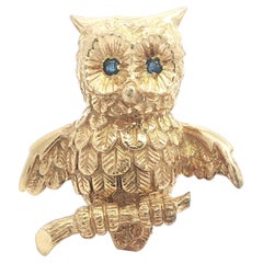 Soret Somers Ernest Co. 14k Yellow Gold Whimsical Owl Brooch Pin Sapphire Eyes