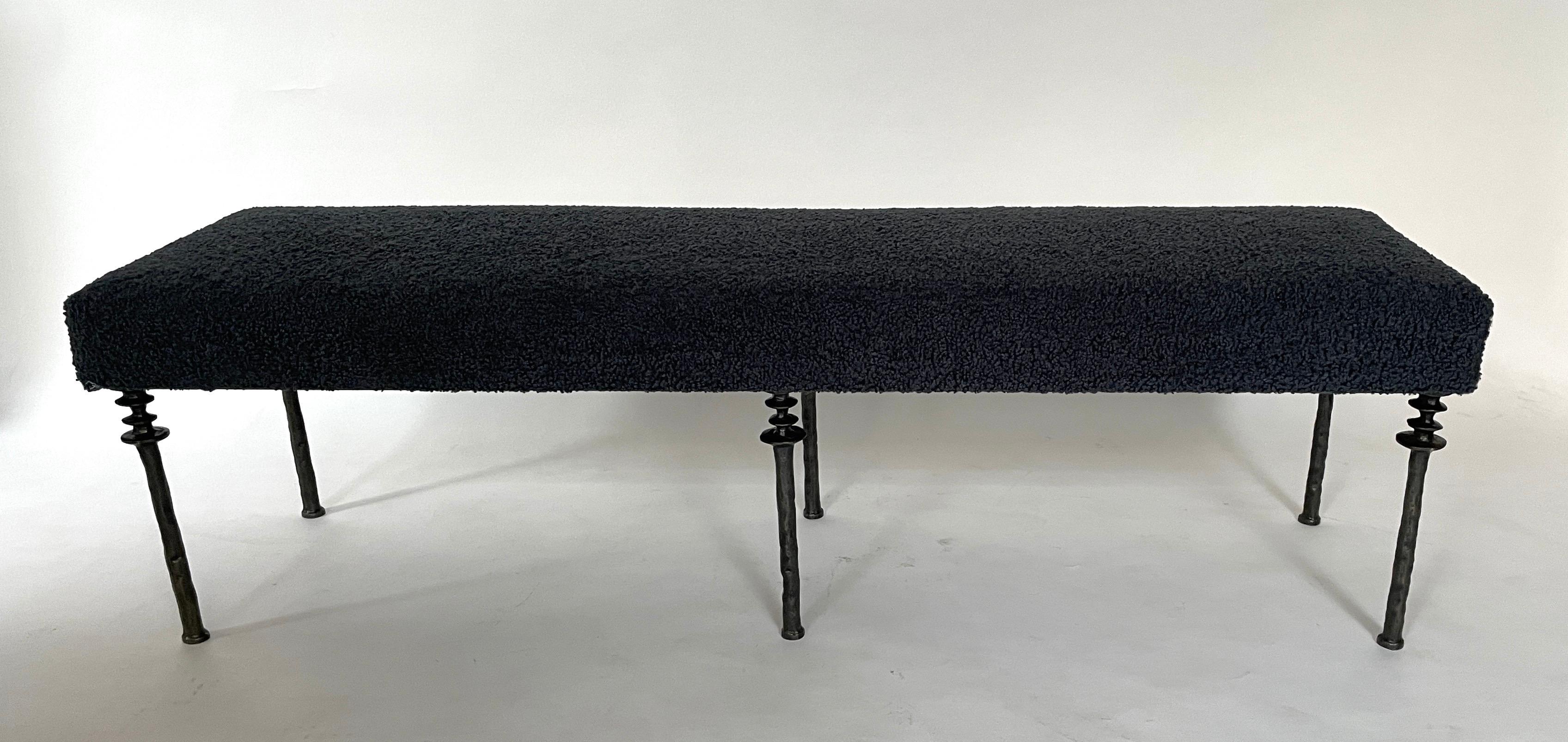 Organic Modern Sorgue Bench, Twilight Blue Bouclé, Silicon Bronze Legs by Bourgeois Boheme For Sale