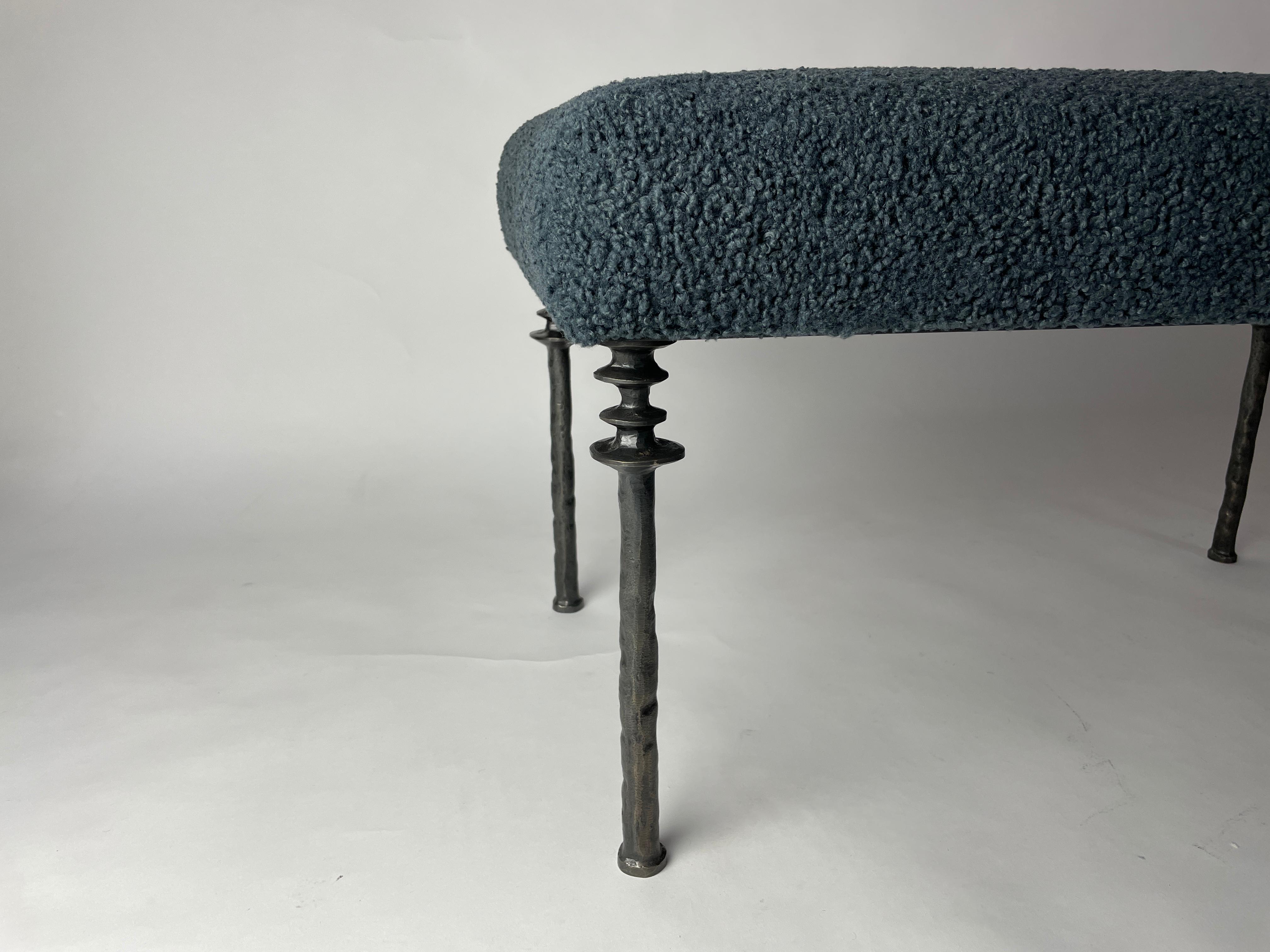 Sorgue Bench, Twilight Blue Bouclé, Silicon Bronze Legs by Bourgeois Boheme In New Condition For Sale In Los Angeles, CA