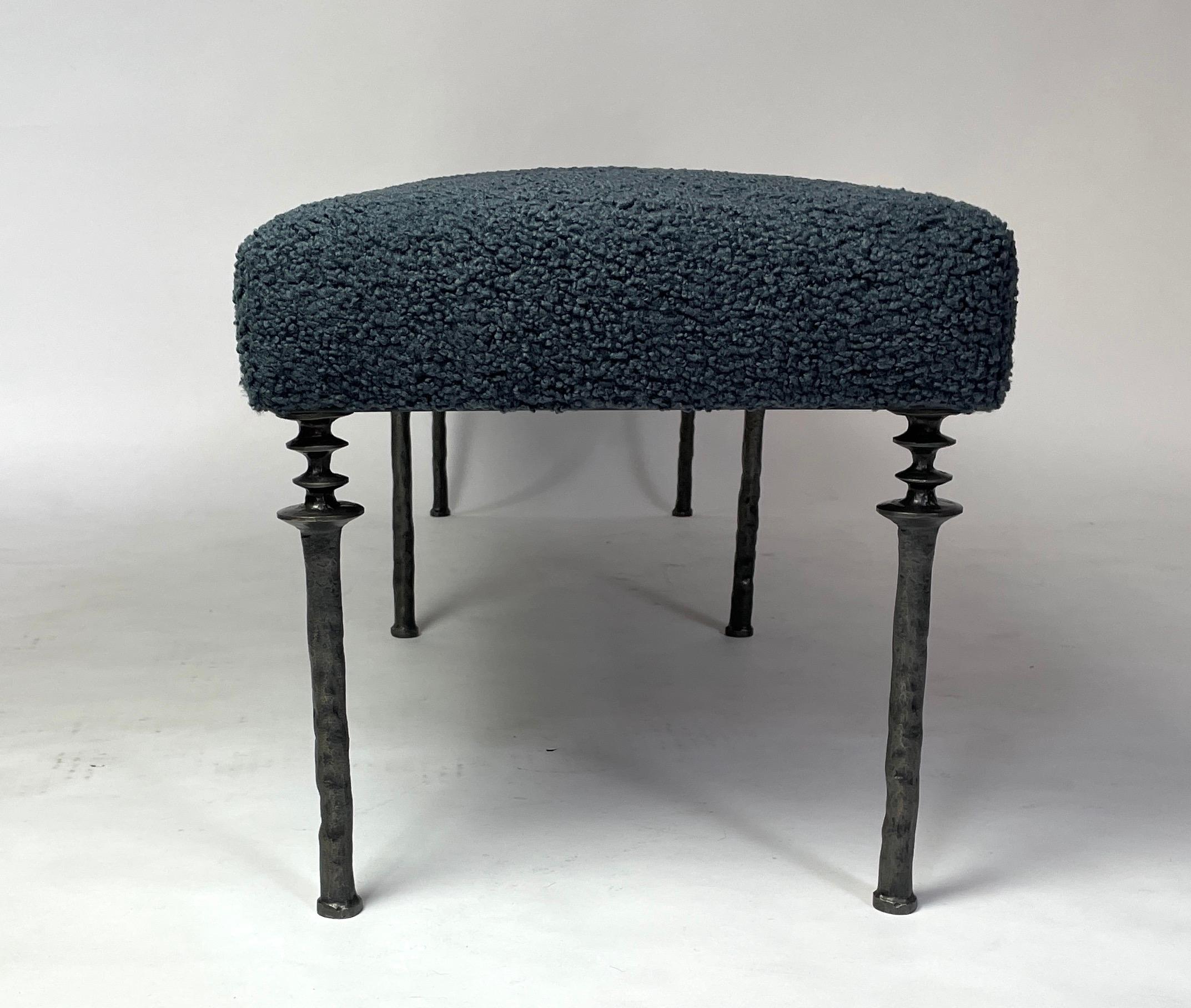 Organic Modern Sorgue Bench, Twilight Blue Bouclé, Silicon Bronze Legs For Sale