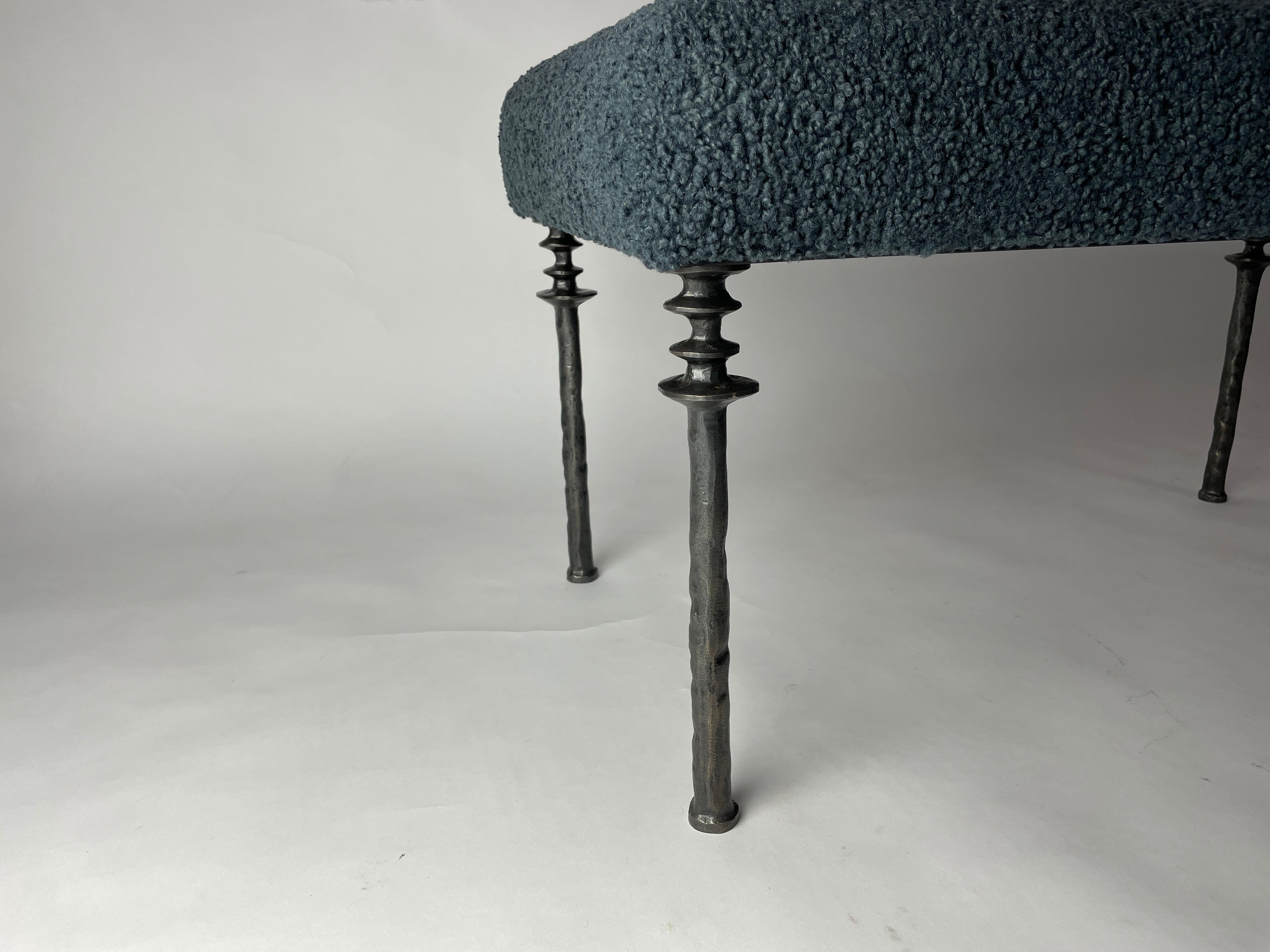 Sorgue Bench, Twilight Blue Bouclé, Silicon Bronze Legs For Sale 1