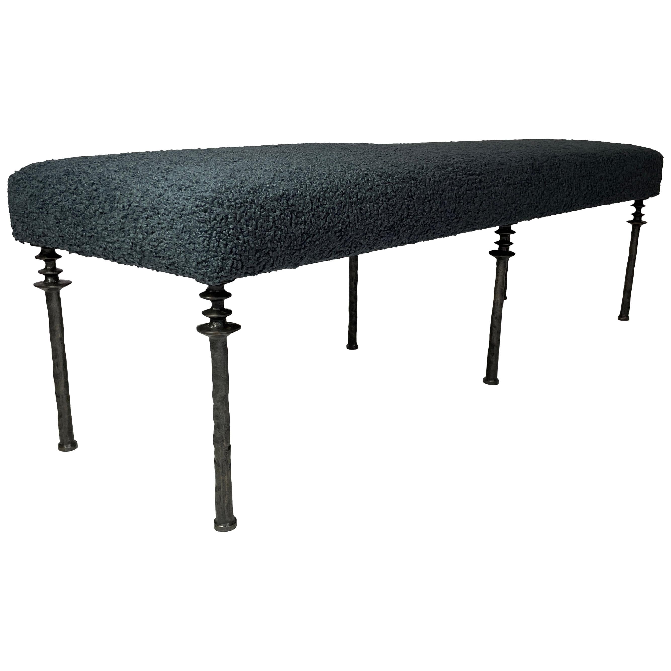 Sorgue Bench, Twilight Blue Bouclé, Silicon Bronze Legs For Sale