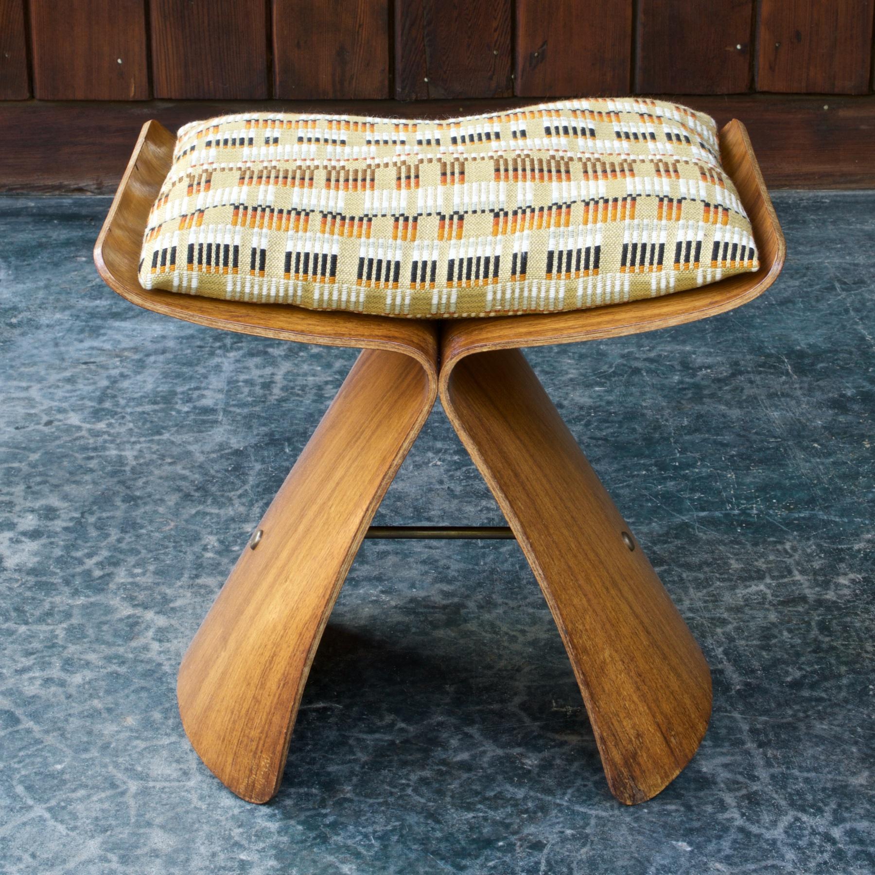 Well used 1950s butterfly stool. This stool can still be used, tested by 165 pound person, no yawning, no cracks that go all the way through the plywood anywhere, just veneer losses all along the bottom edges.  This is shown in image 3. Vintage