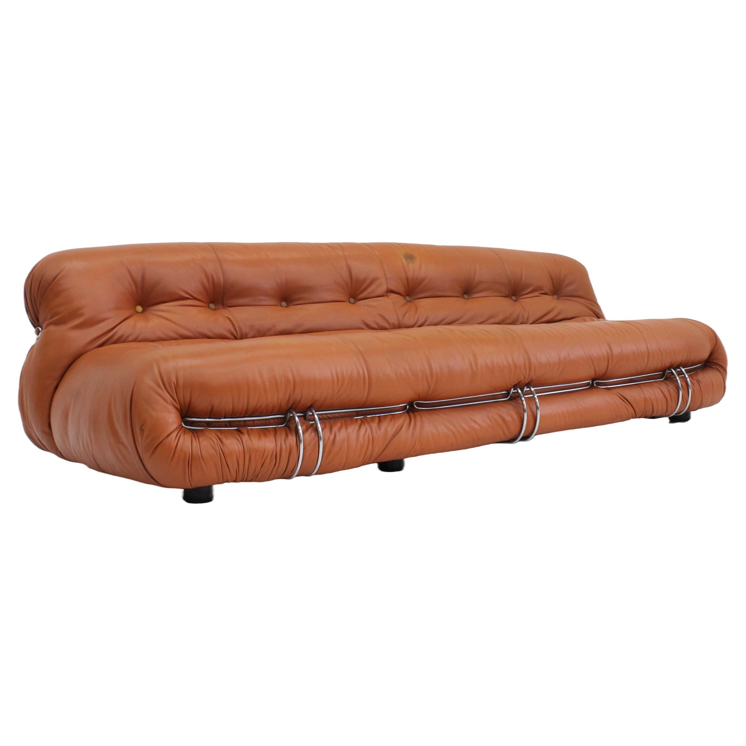 Soriana 4 seater sofa by Afra & Tobia Scarpa for Cassina in cognac leather For Sale