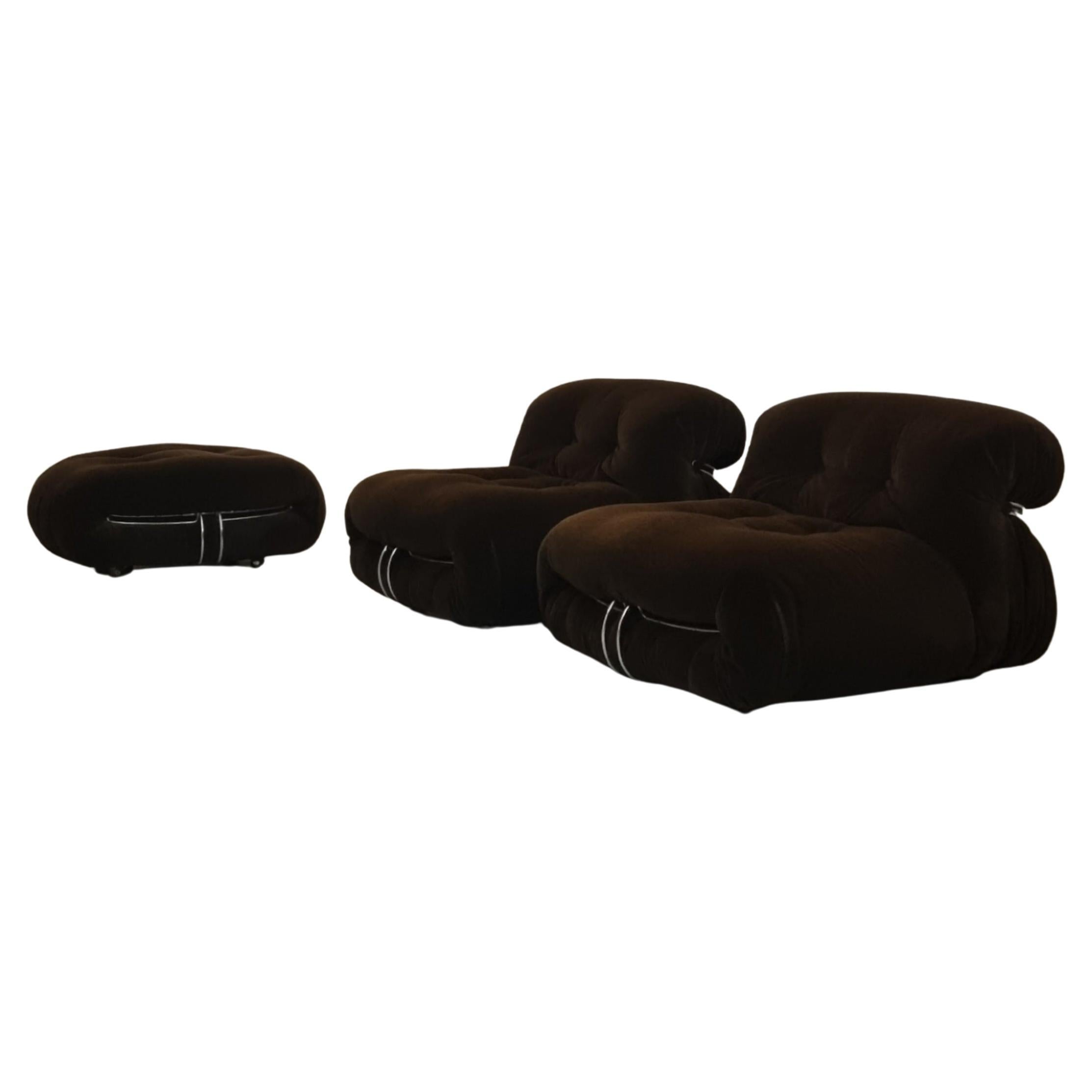 Le poltrone e il pouf Soriana sono stati disegnati da  Afra & Tobia Scarpa per Cassina 1969