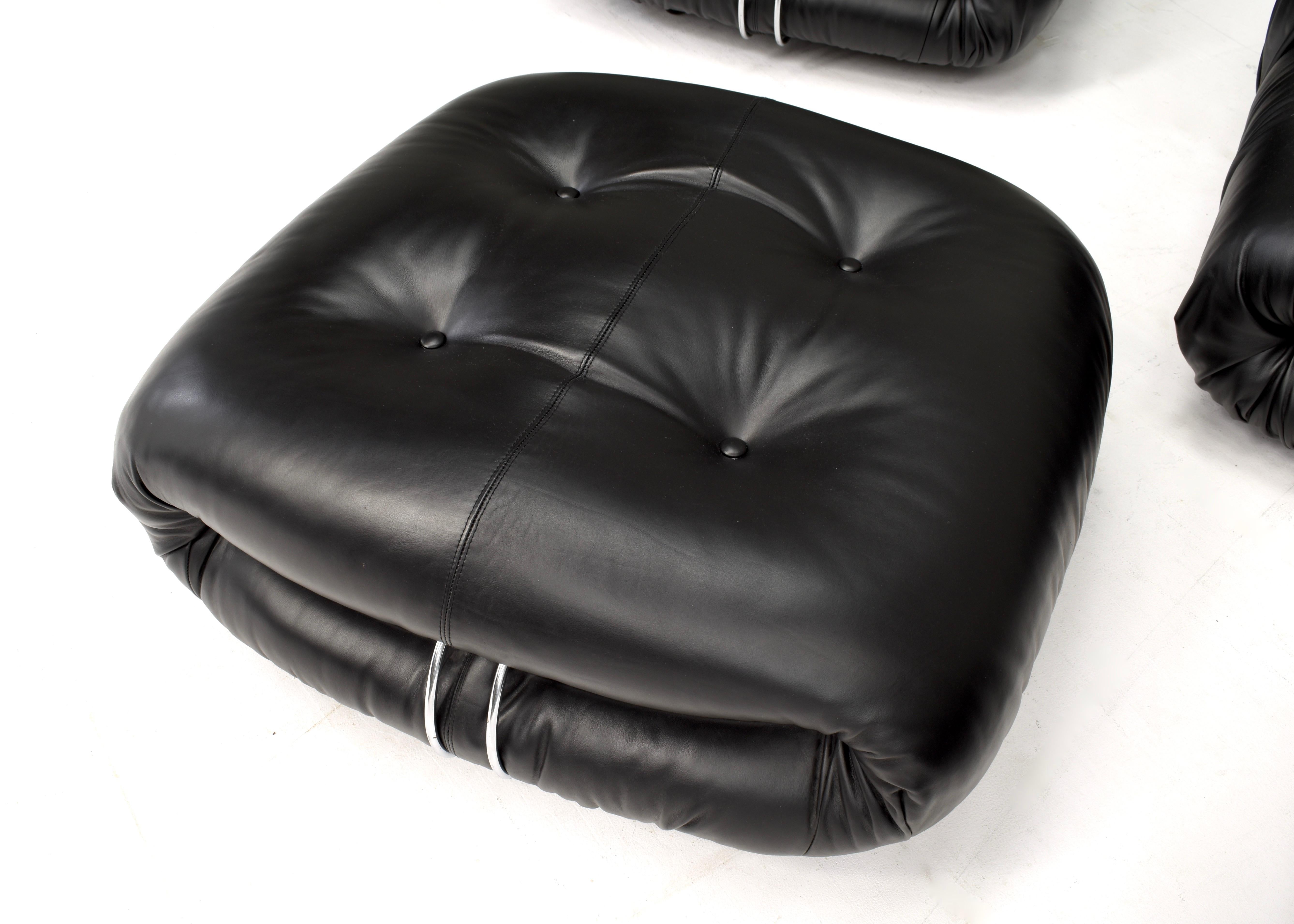 Sedia e ottomana Soriana di Tobia Scarpa per Cassina Black Leather, Italia, 1969 in vendita 4