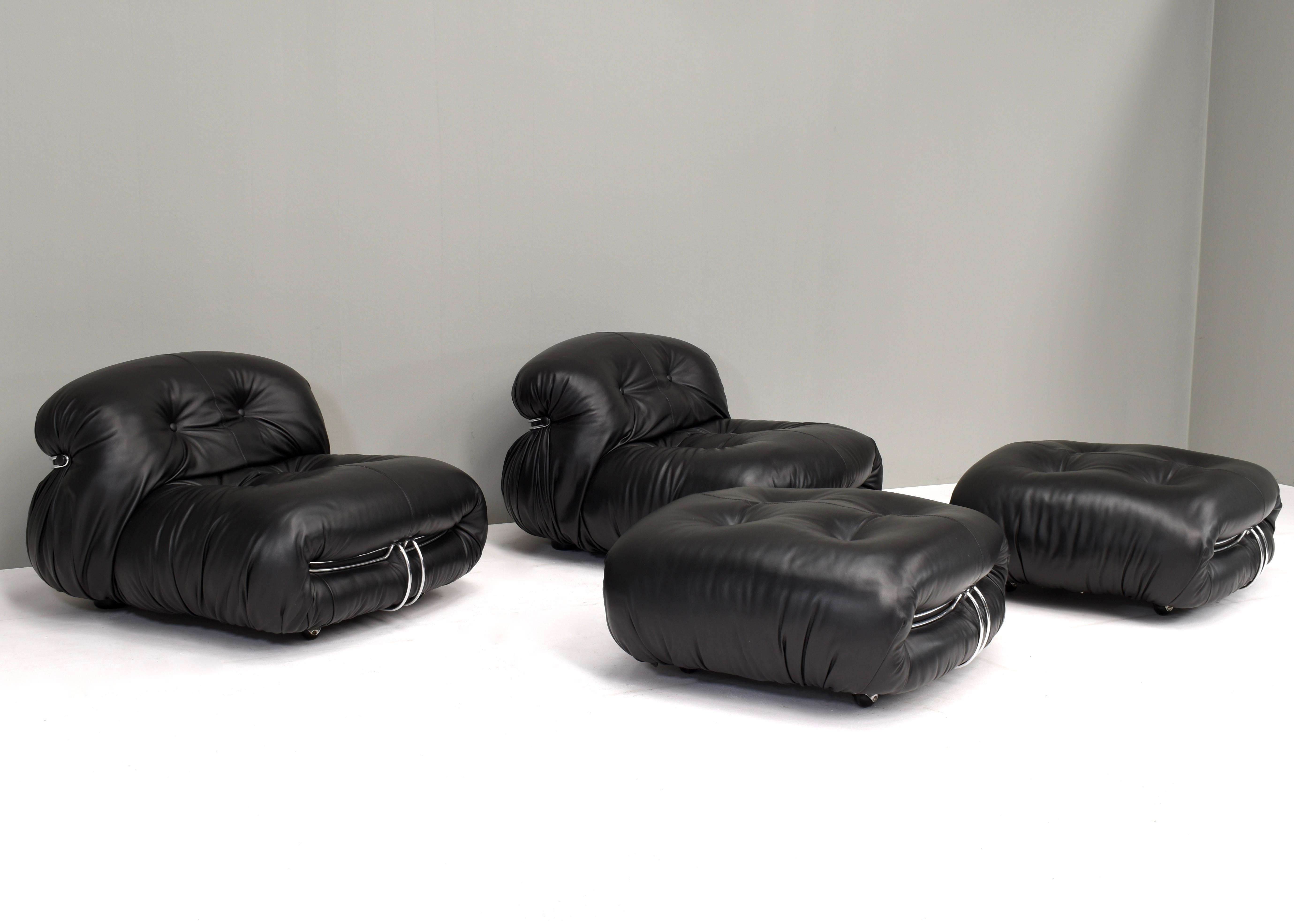 Sedia e ottomana Soriana di Tobia Scarpa per Cassina Black Leather, Italia, 1969 in vendita 11