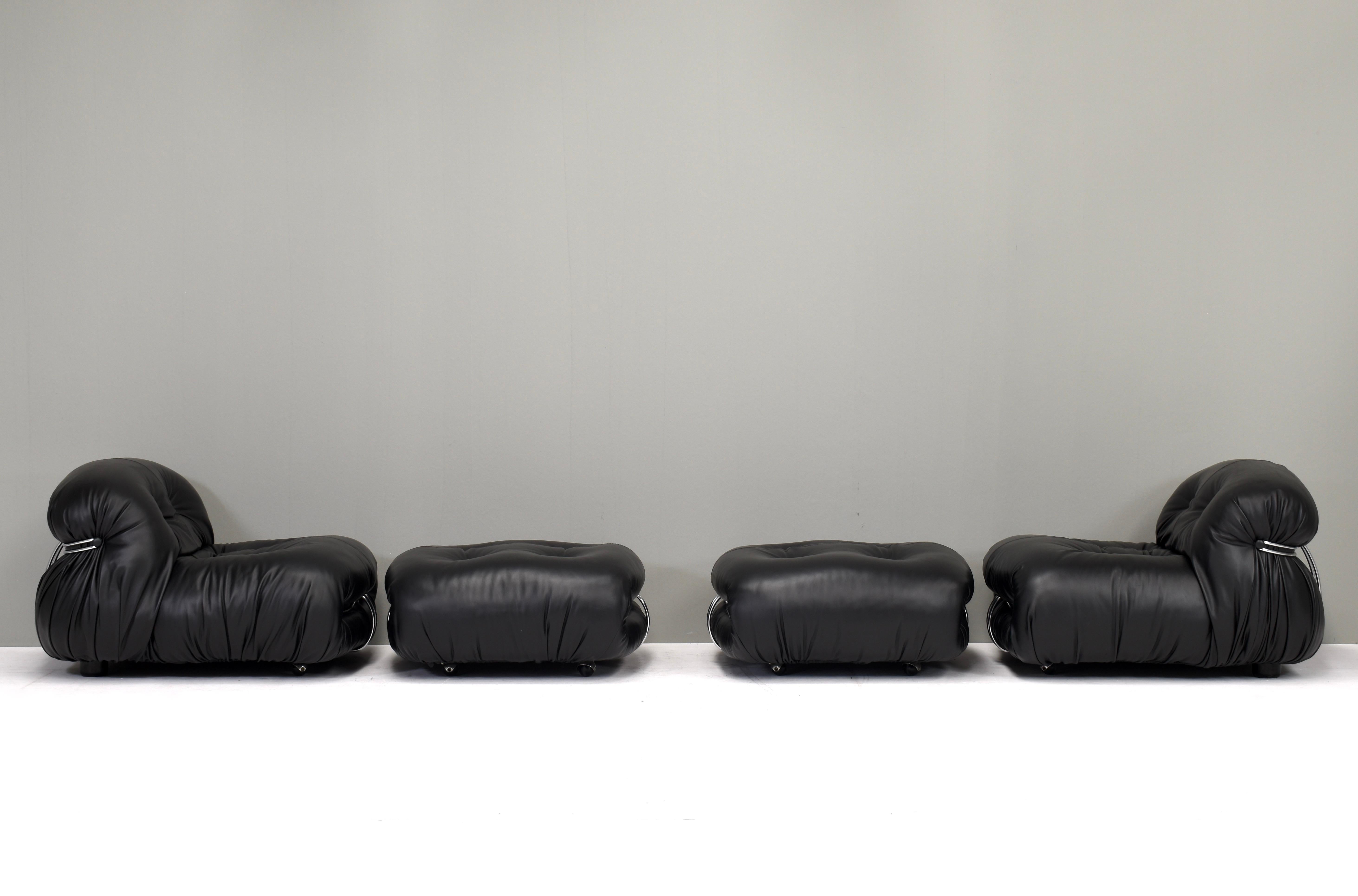 Sedia e ottomana Soriana di Tobia Scarpa per Cassina Black Leather, Italia, 1969 in vendita 12