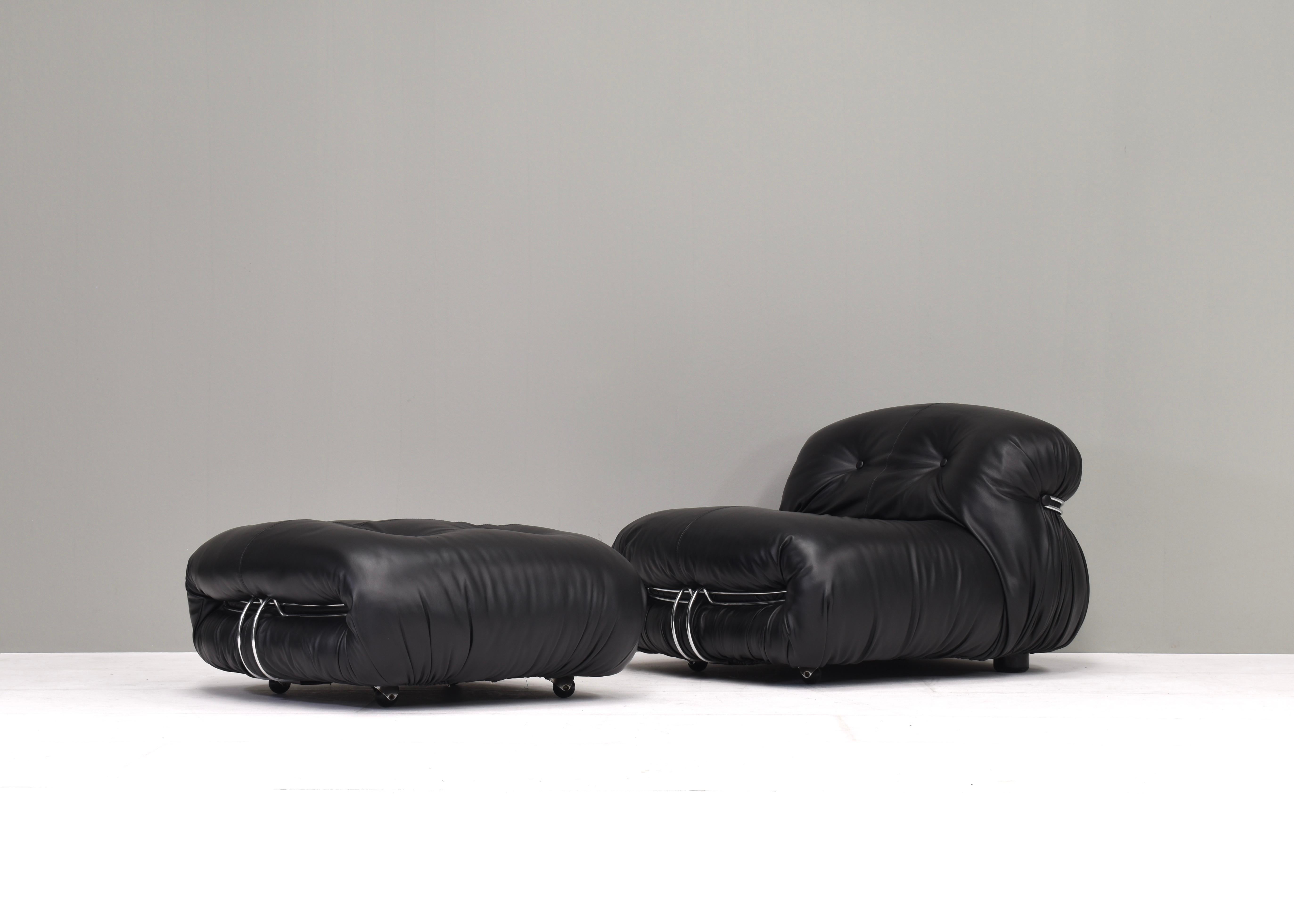 Gorgeous Soriana chair and pouf by Afra & Tobia Scarpa for Cassina, Italy, circa 1970. The set has been reupholstered in very high-end soft Italian calf skin leather.
Please note: the listed set price is for one pair (1 chair + 1 pouf). We have two