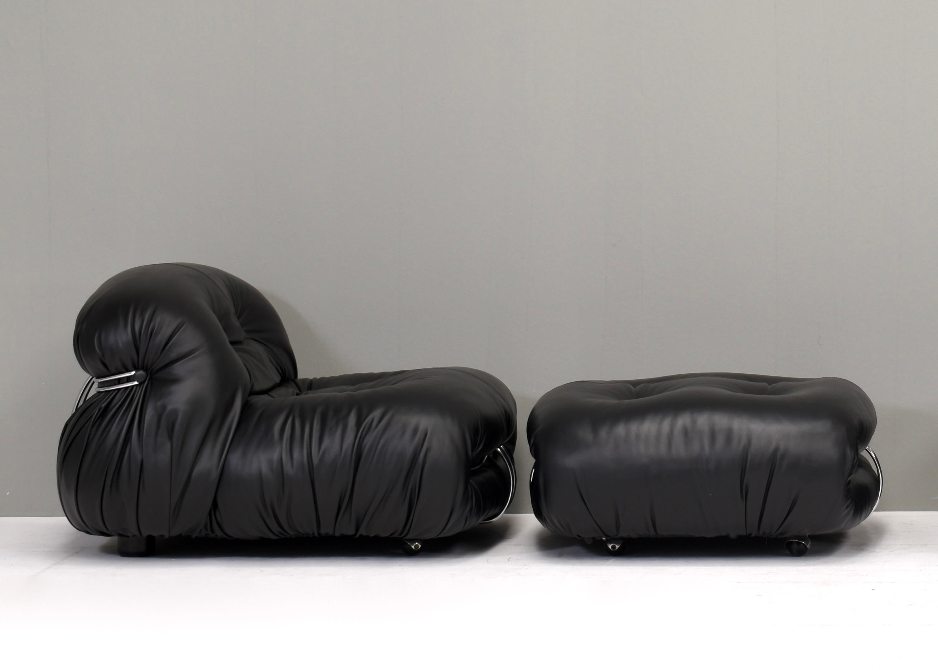 Sedia e ottomana Soriana di Tobia Scarpa per Cassina Black Leather, Italia, 1969 In condizioni buone in vendita a Pijnacker, Zuid-Holland