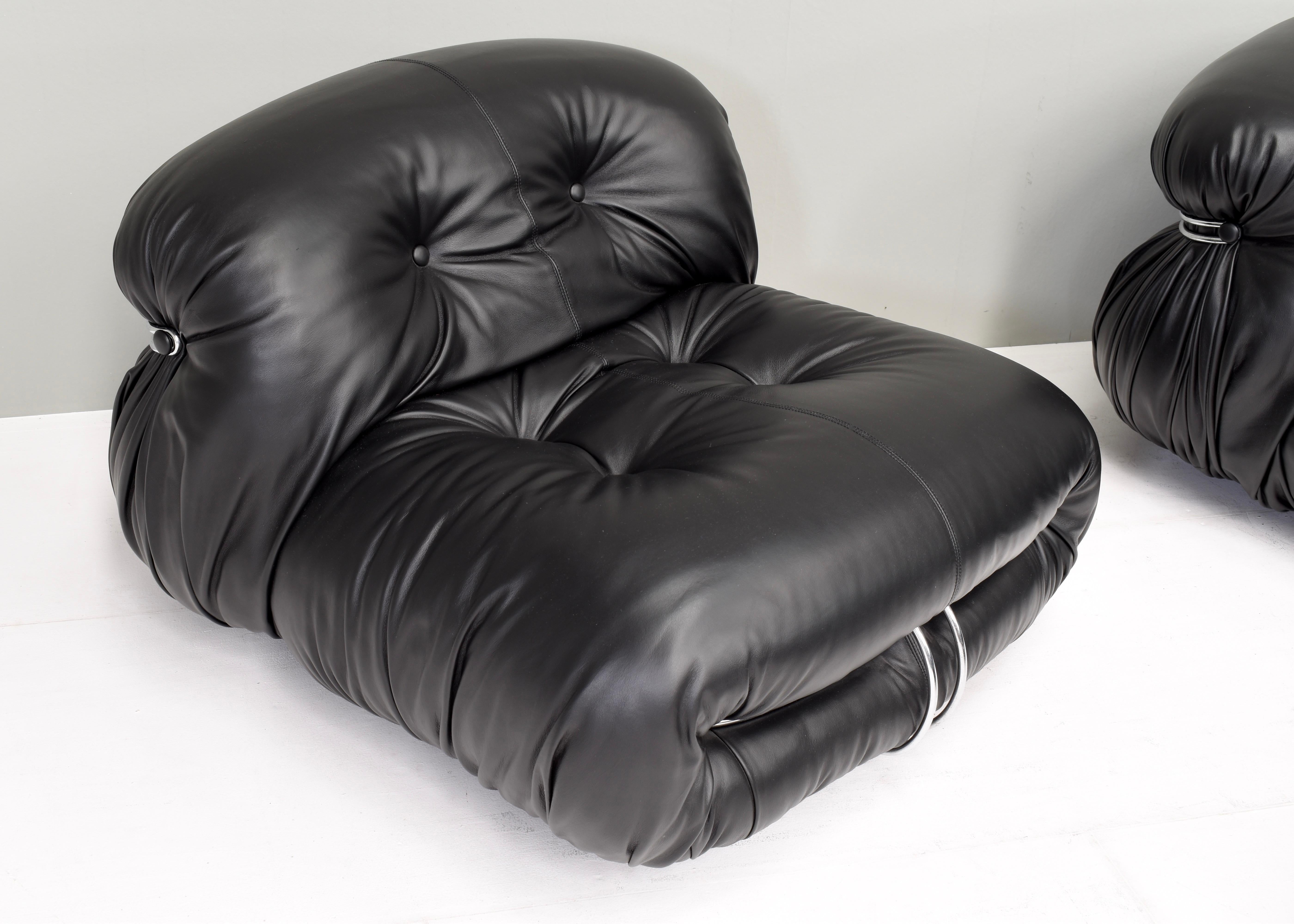 Pelle Sedia e ottomana Soriana di Tobia Scarpa per Cassina Black Leather, Italia, 1969 in vendita
