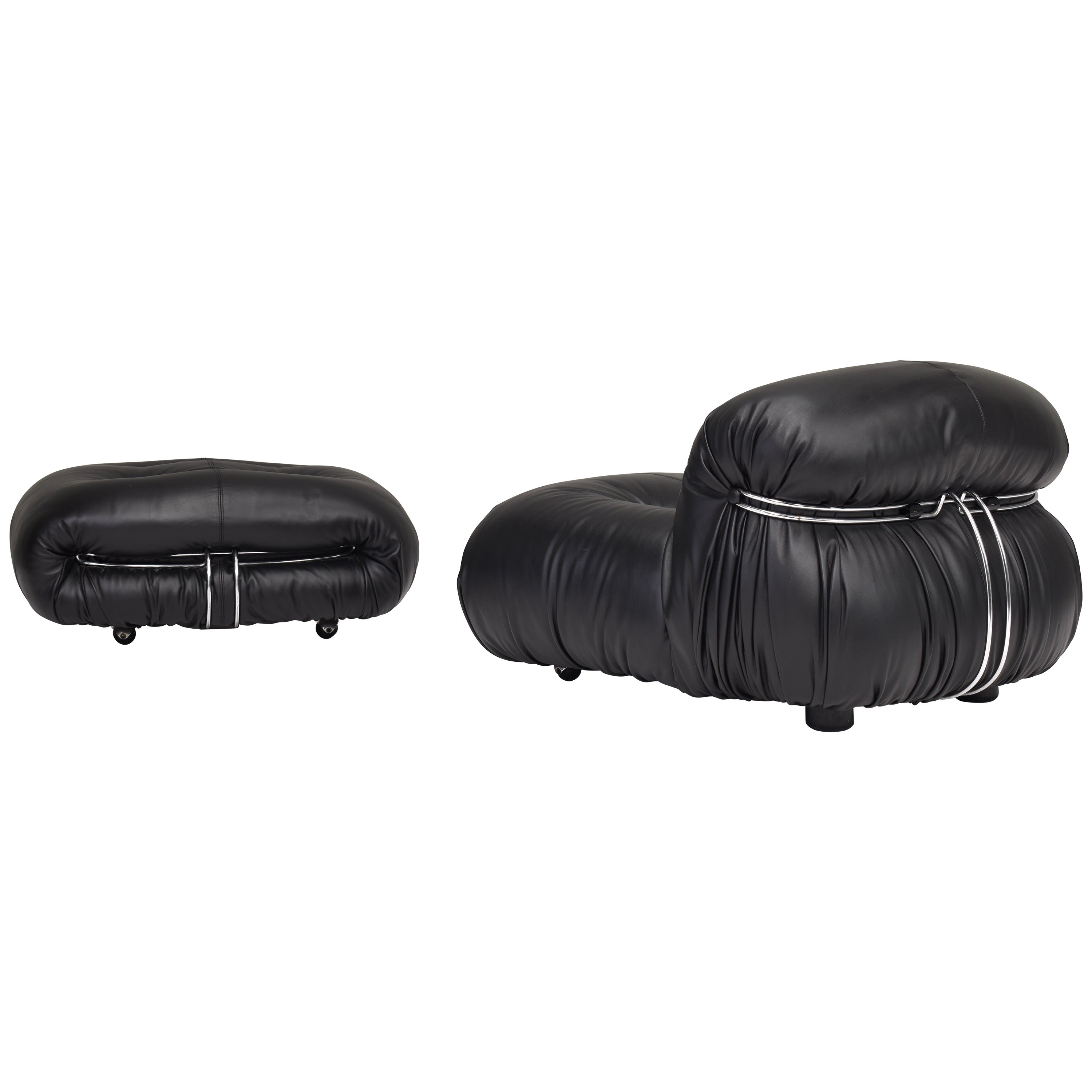 Stuhl und Ottomane aus schwarzem Leder von Tobia Scarpa für Cassina, Italien, 1969