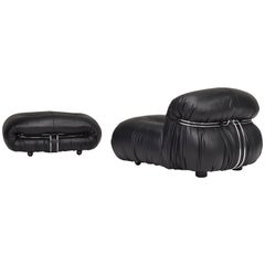 Sedia e ottomana Soriana di Tobia Scarpa per Cassina Black Leather, Italia, 1969