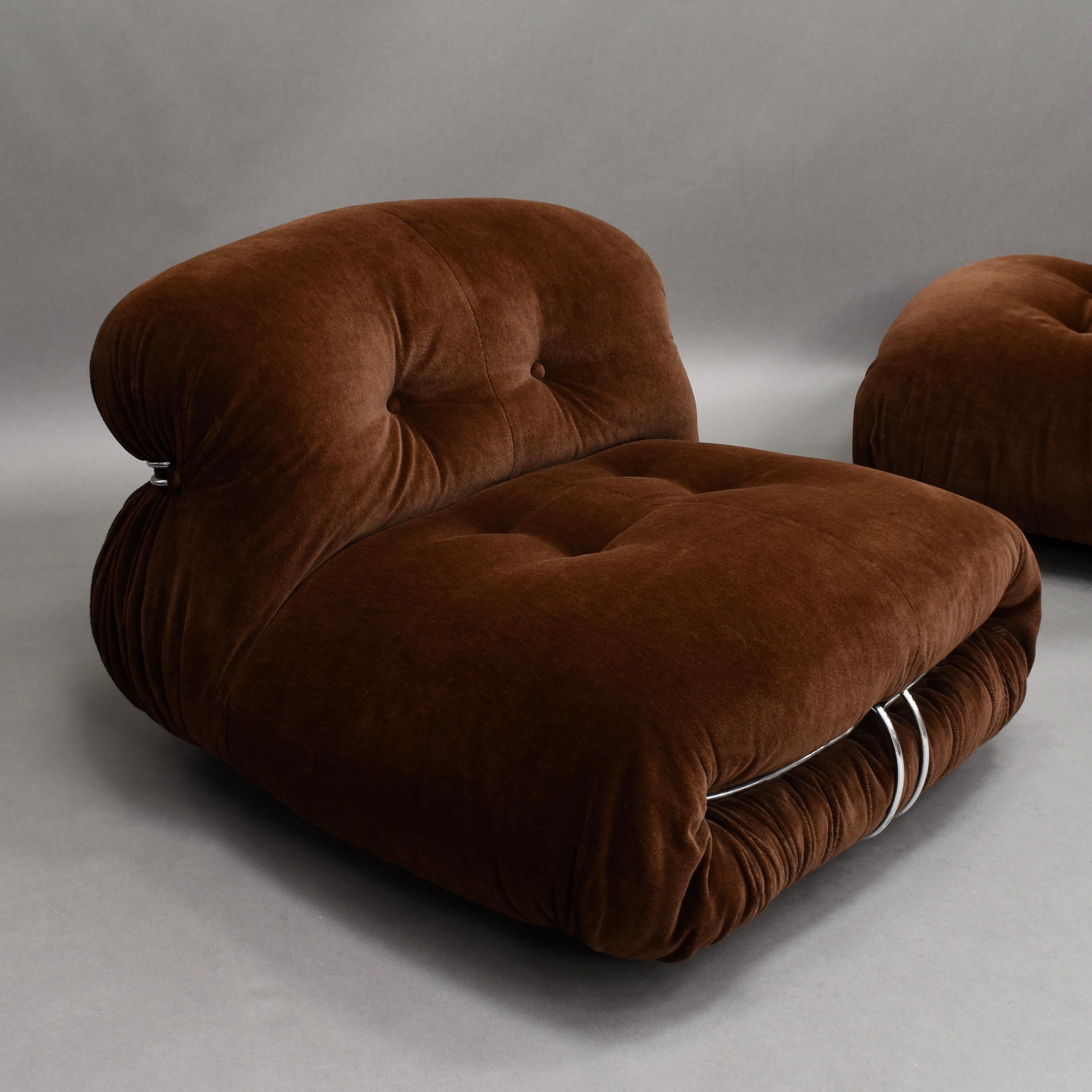 Italian Soriana Chair in Original Brown Mohair Velvet by Afra & Tobia Scarpa for Cassina