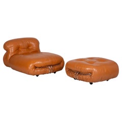 Soriana chaise longue and pouf by Afra and Tobia Scarpa with original leather