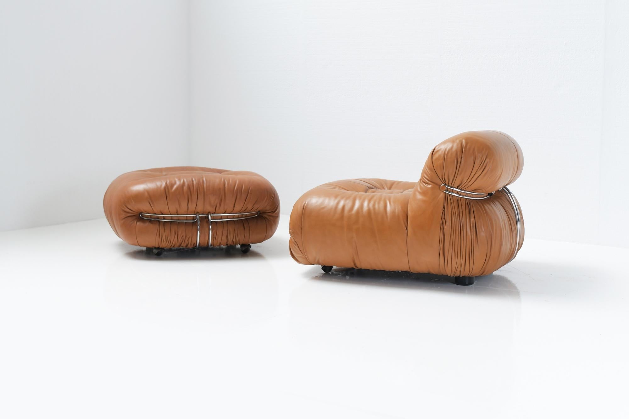 Mid-Century Modern Soriana Fauteuil + Poof 'Leather' by Tobia & Afra Scarpa for Cassina