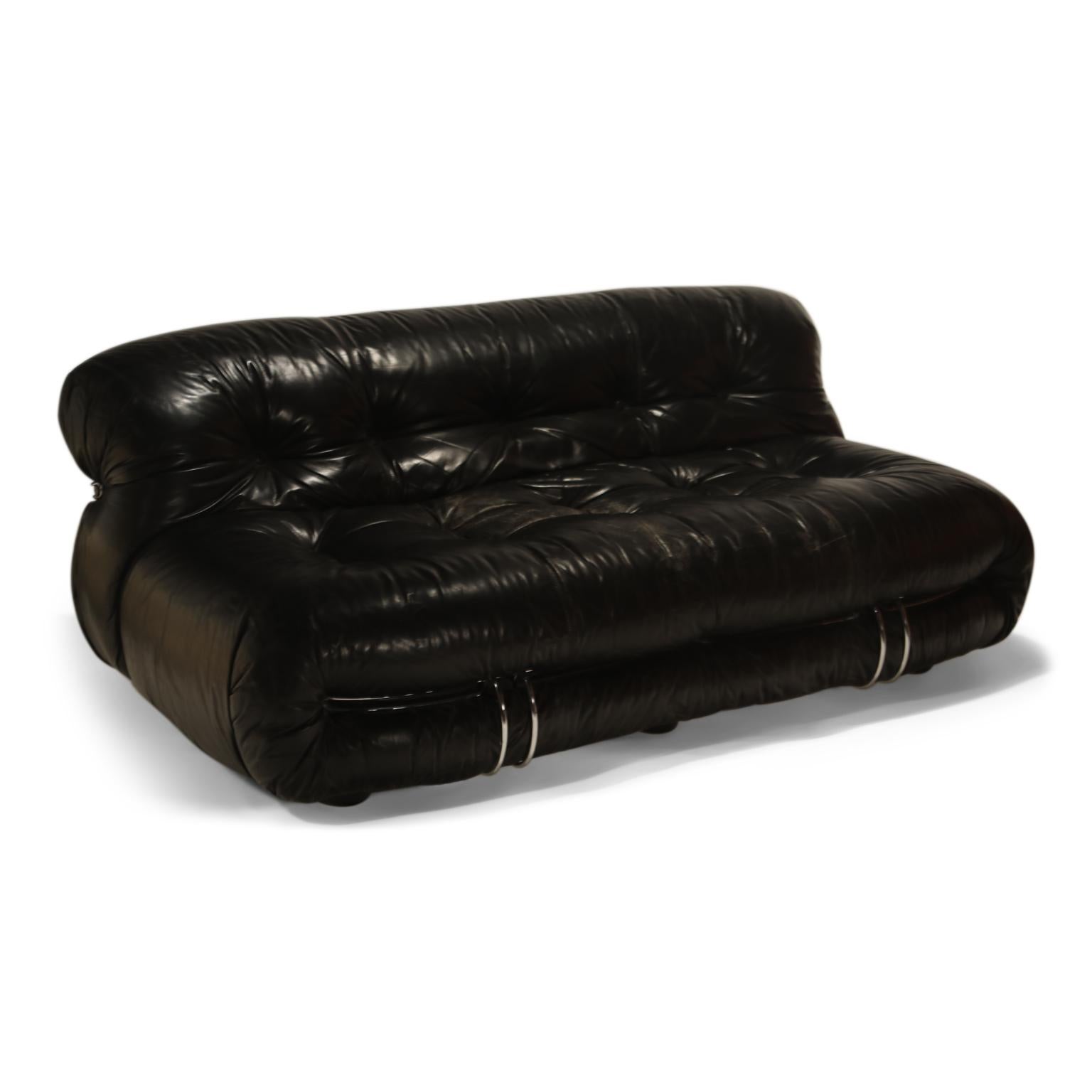 Mid-Century Modern Soriana Leather Settee Sofa by Afra and Tobia Scarpa for Cassina, circa 1960s