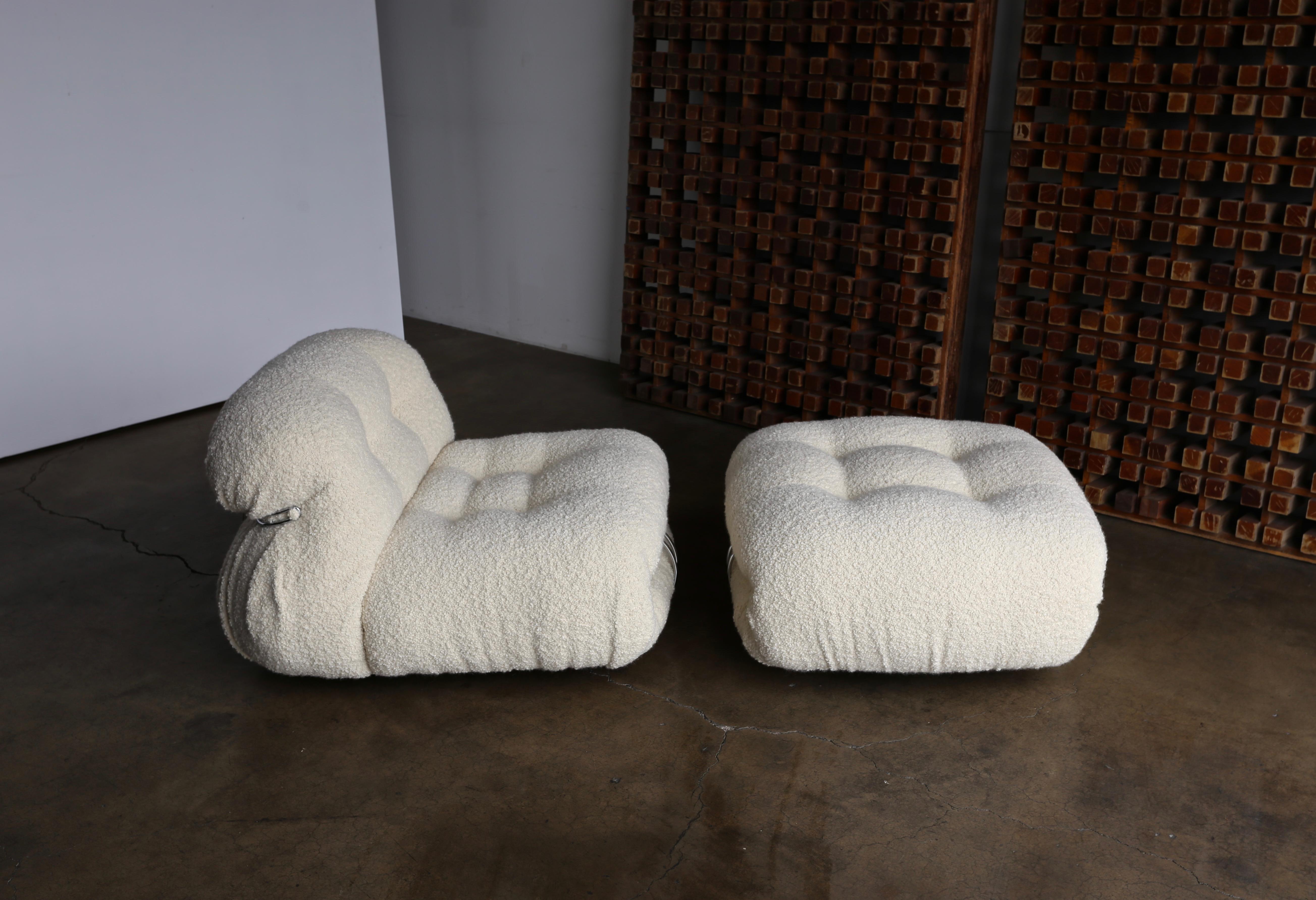 Soriana lounge chair and ottoman by Afra & Tobia Scarpa for Cassina. 

This set has been upholstered in a beautiful soft alpaca boucle. 

The lounge chair measures: 37.5