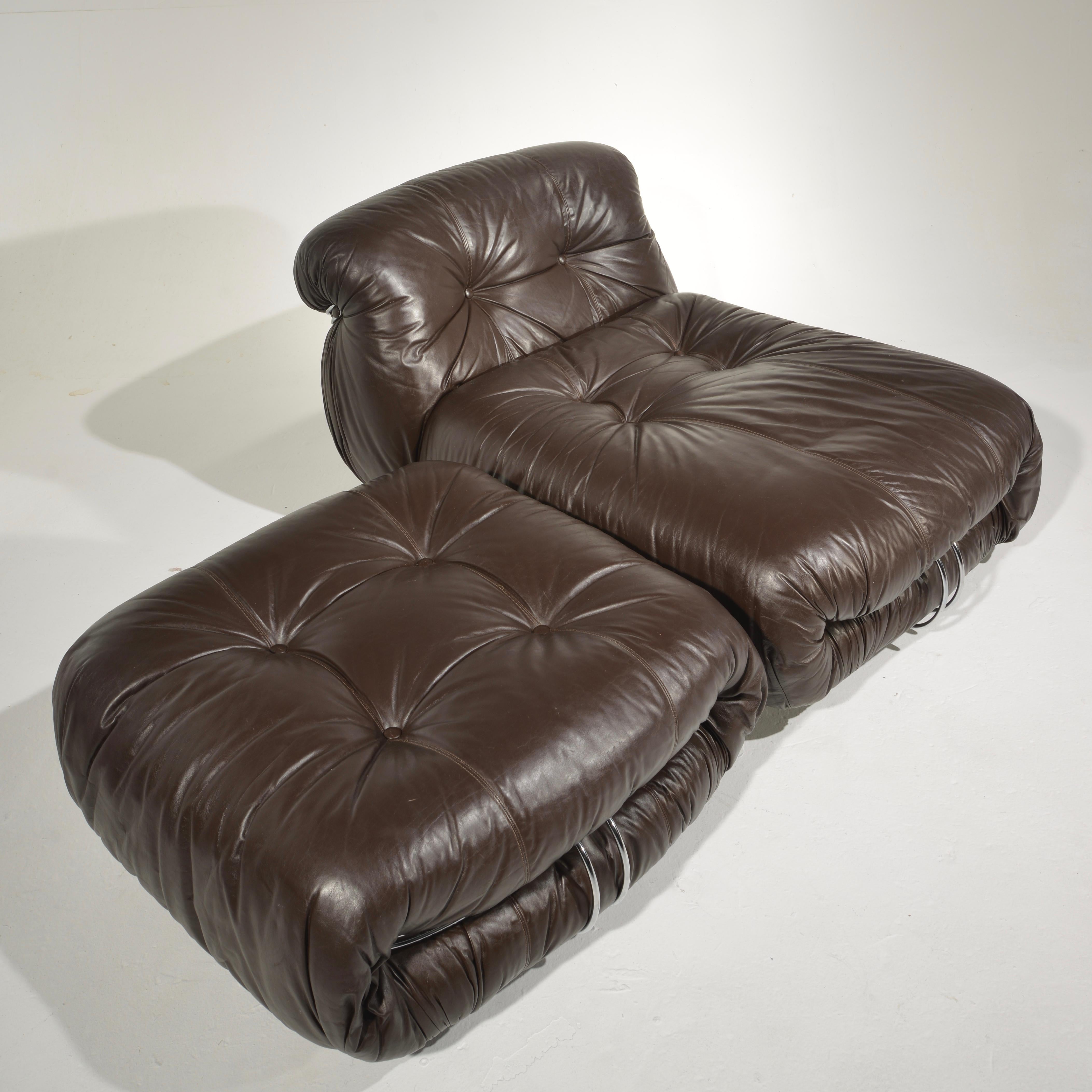 Italian Soriana Lounge Chair and Ottoman with Knoll Leather by Scarpa for Cassina