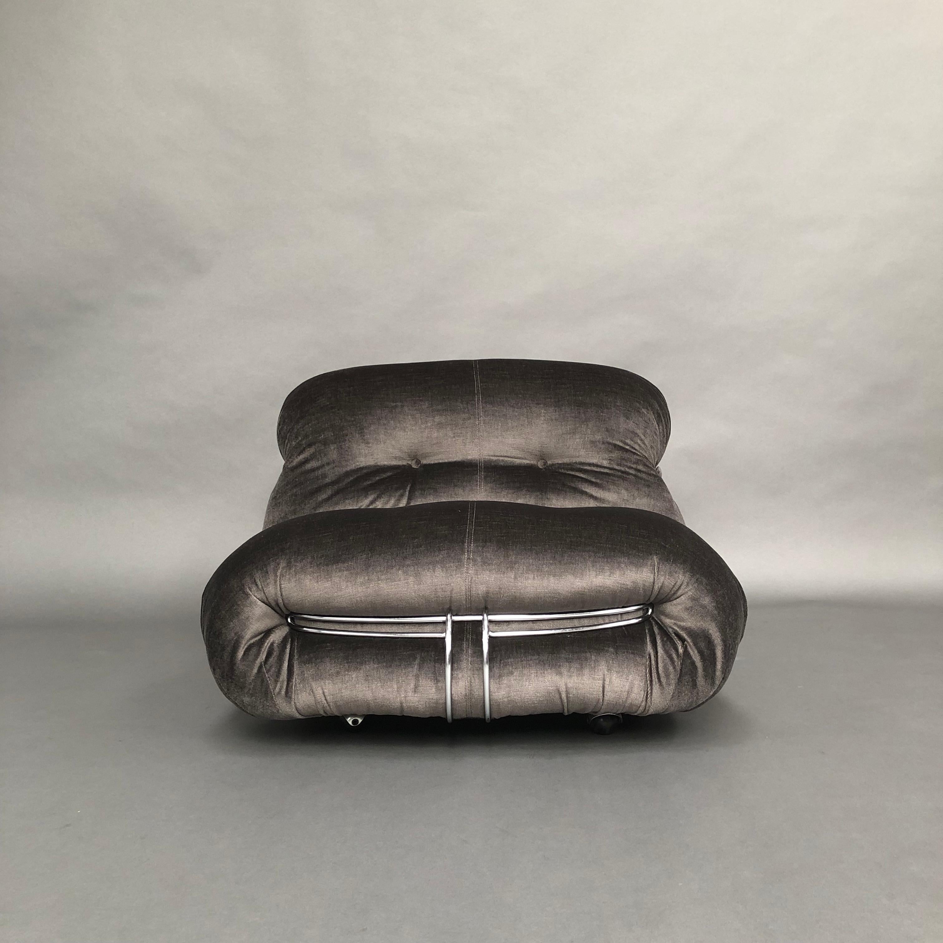 Soriana chair and ottoman with new upholstery by Afra and Tobia Scarpa for Cassina, Italy, circa 1970. 
New Mohair velvet fabric grey/brown by JAB. Mohair is a very beautiful and expensive wool made of Angora goat.

Designer: Afra & Tobia Scarpa