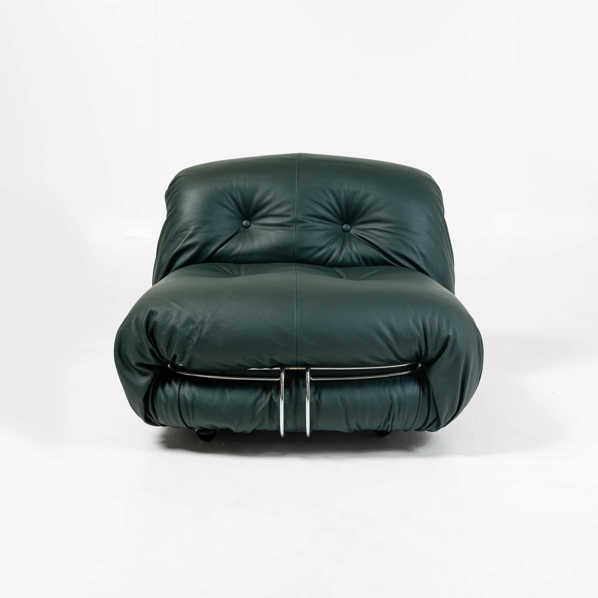 This is a rare Soriana Armchairs in recently reupholstered in Elmo Midnight Green Leather, designed by Afra and Tobia Scarpa and manufactured by Cassina in 1970s. The leather is soft and subtle. Each chair retains original two front casters as well