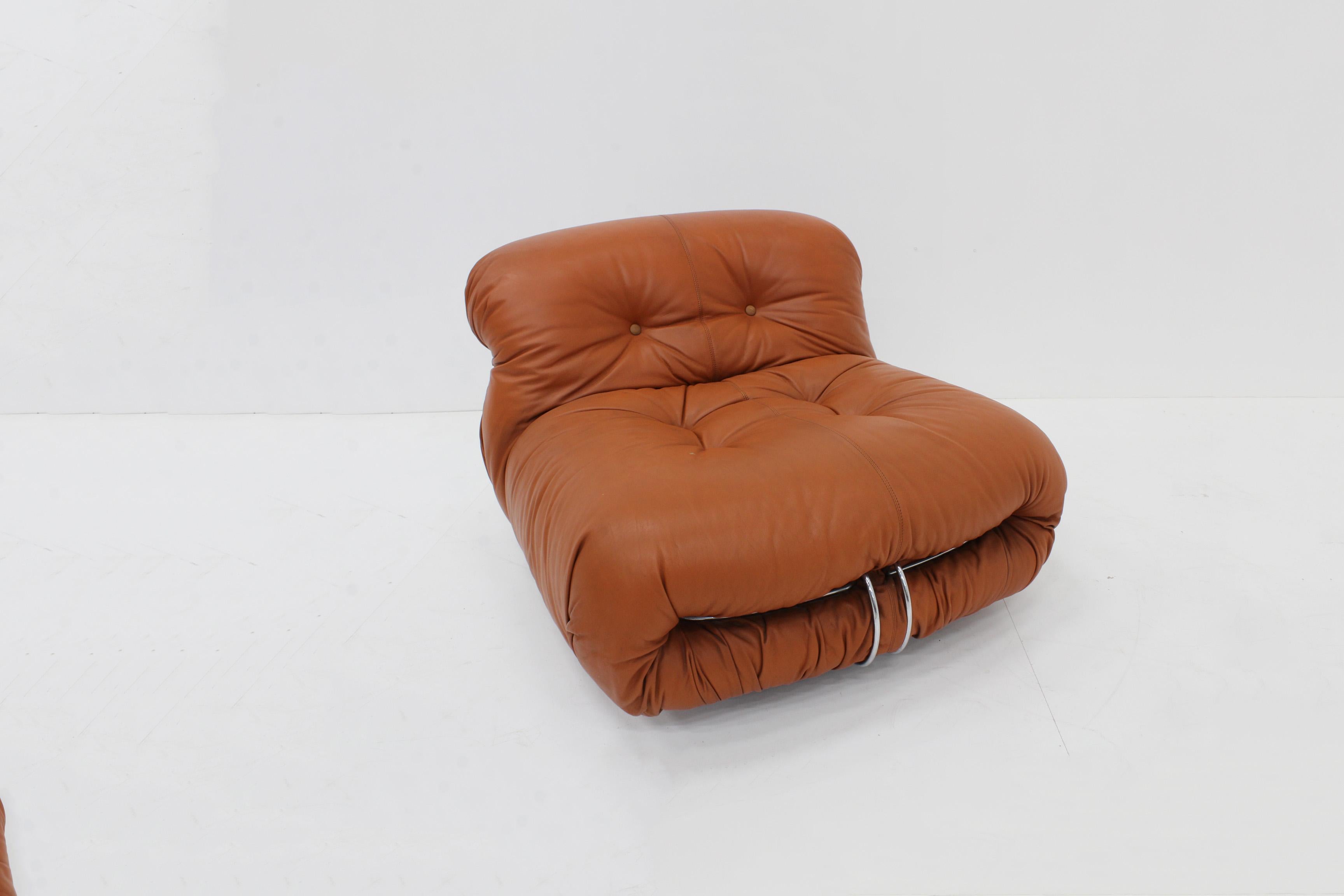 Italian Soriana Lounge Chair by Afra & Tobia Scarpa for Cassina in cognac leather 1970