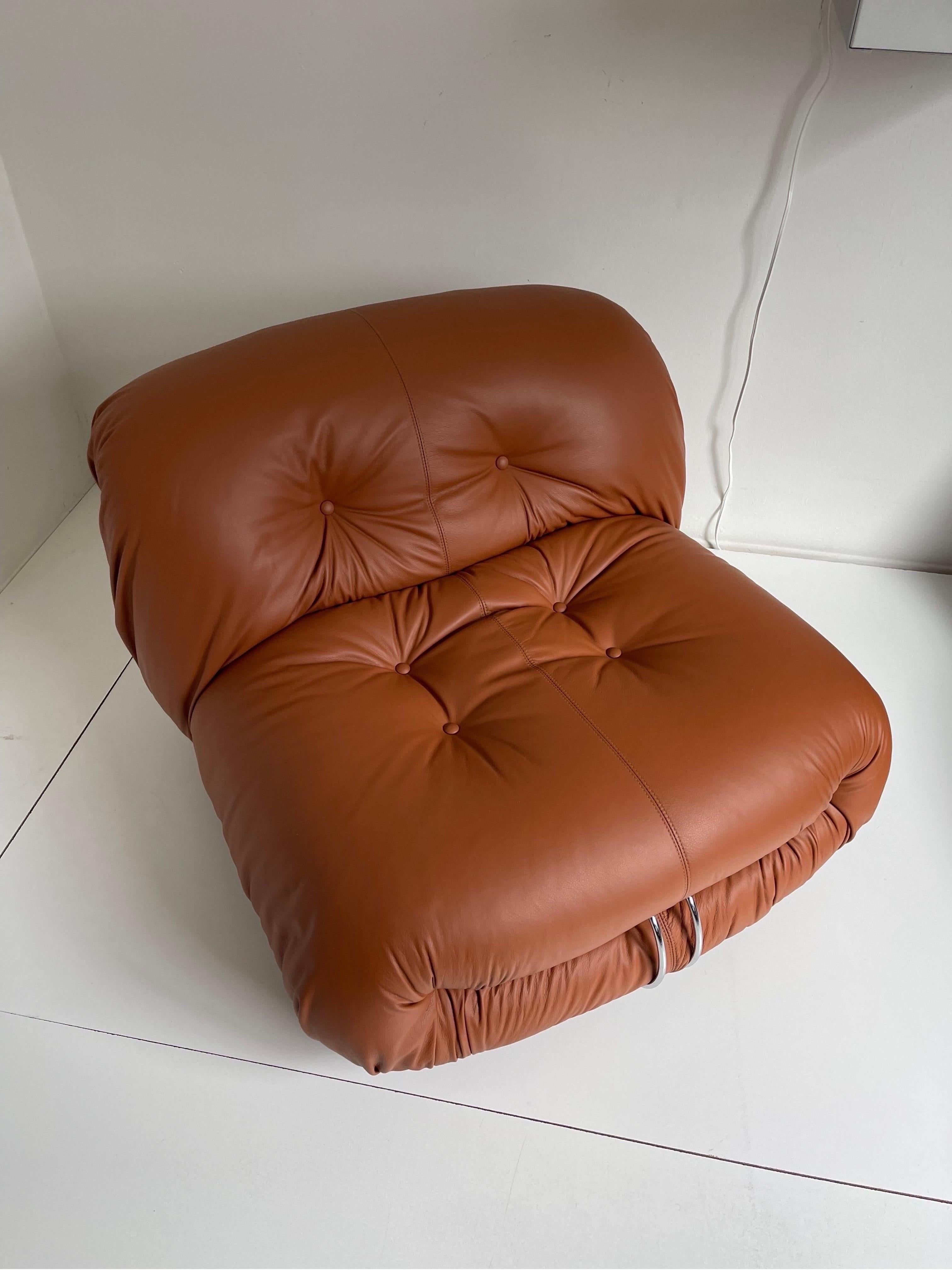 Soriana lounge chair designed by Afra & Tobia Scarpa for Cassina, 1970’s. Reupholstered in cognac leather. Original tags.