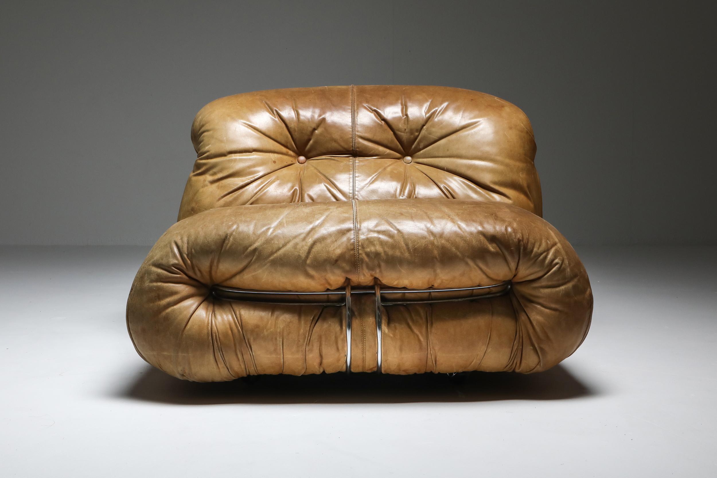Afra & Tobia Scarpa 'Soriana' club chair in brown leather and metal, made in Italy, 1969. 

Postmodern piece by Italian designer couple Afra & Tobia Scarpa. Tufted leather seating, showing beautiful patina and a chromed steel frame. Tobia & Afra