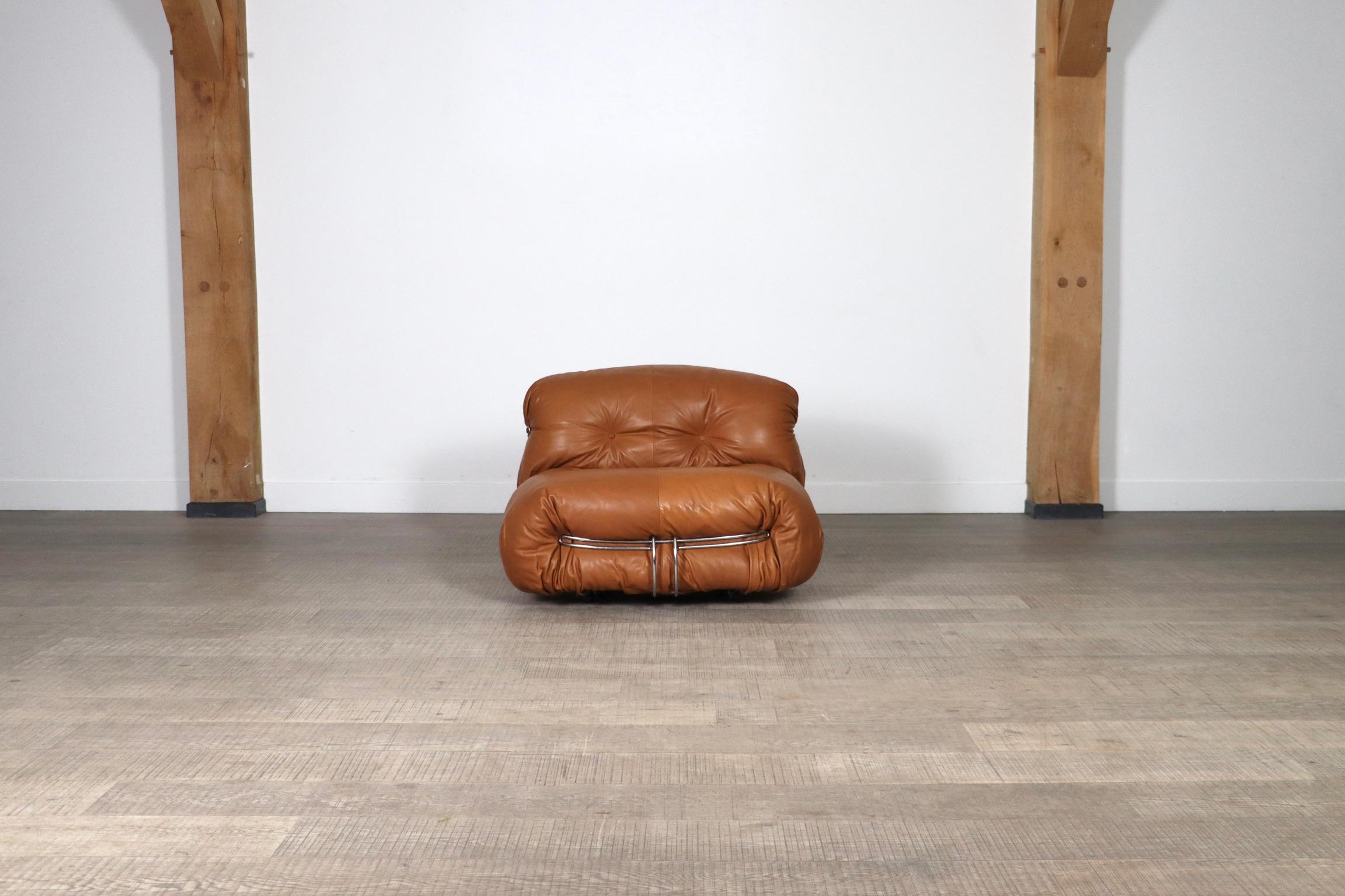 Stunning vintage Soriana lounge chair in cognac leather by Afra and Tobia Scarpa for Cassina, Italy 1970s. This edition is reupholstered in stunning high quality cognac aniline leather, which will catch anyones eye. The colour of the leather