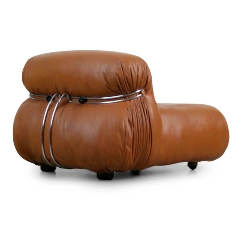 Italian Soriana Lounge Chair in Cognac Leather by Afra & Tobia Scarpa for Cassina