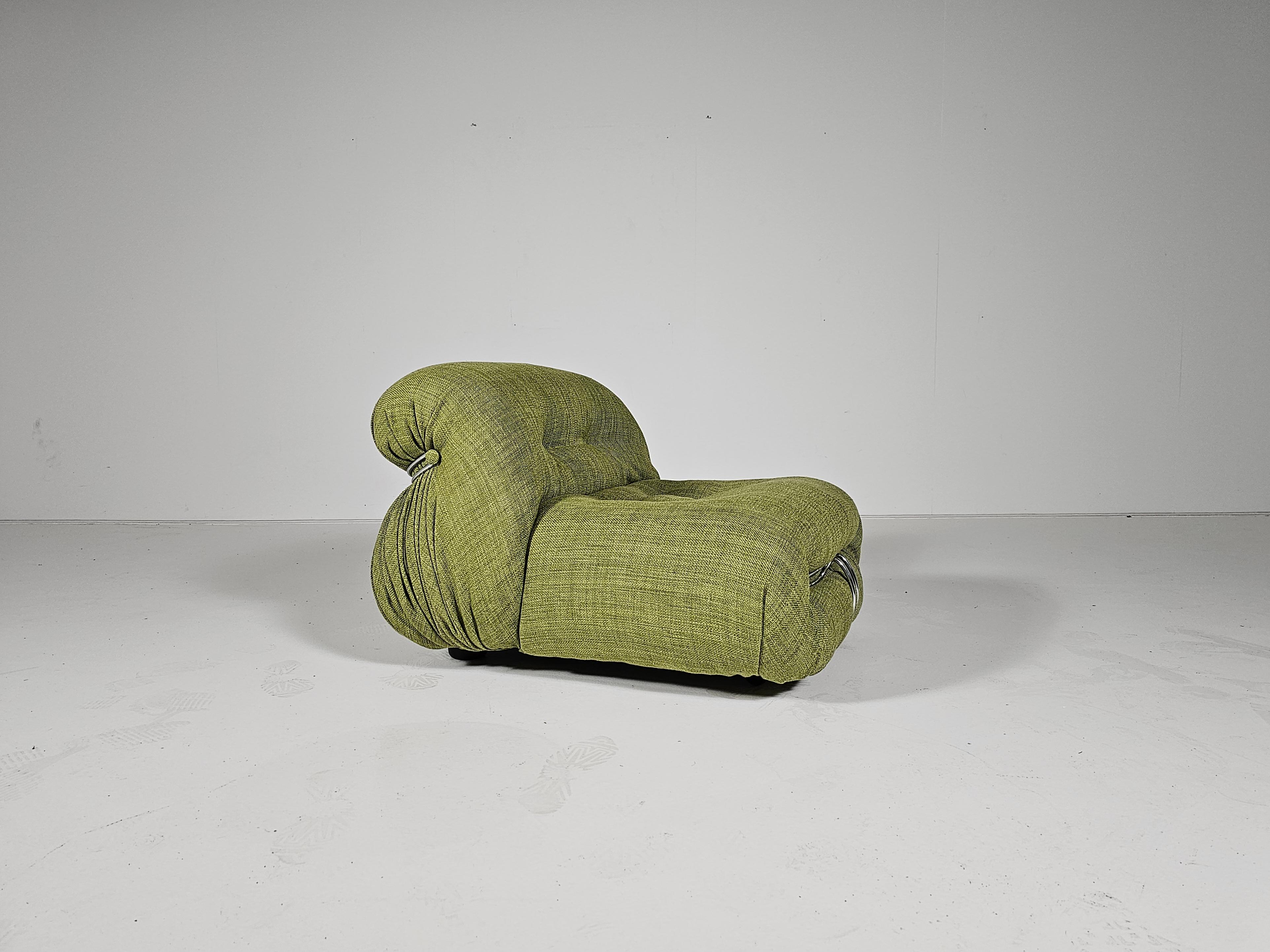 Soriana Lounge Chair in green linen fabric, Afra & Tobia Scarpa, Cassina, 1970s For Sale 3