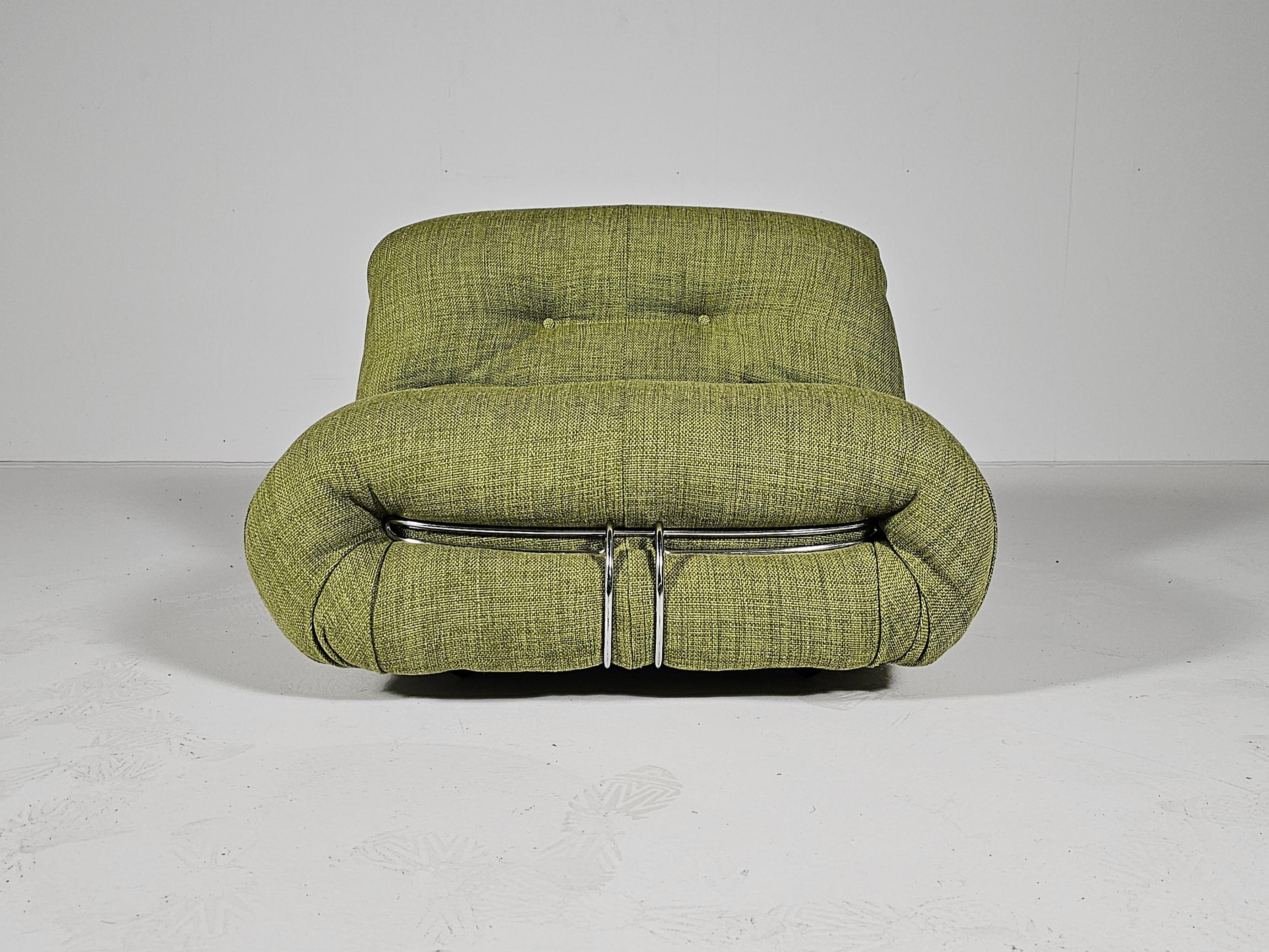 Mid-Century Modern Soriana Lounge Chair in green linen fabric, Afra & Tobia Scarpa, Cassina, 1970s For Sale