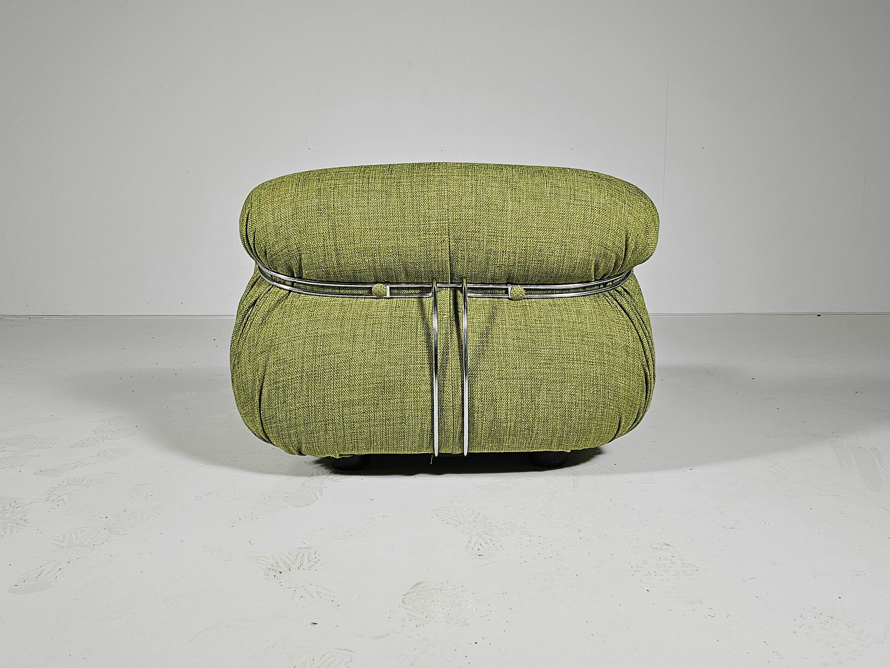 Linen Soriana Lounge Chair in green linen fabric, Afra & Tobia Scarpa, Cassina, 1970s For Sale