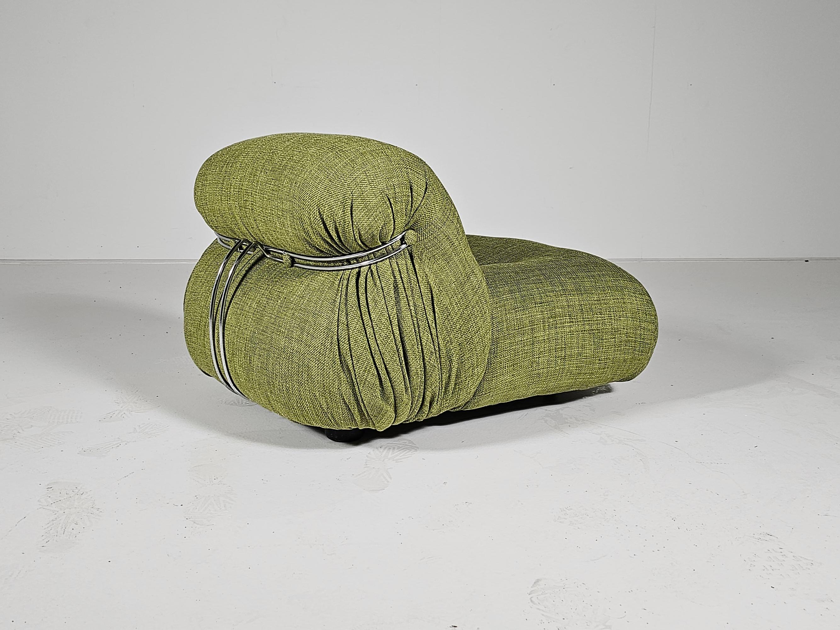 Soriana Lounge Chair in green linen fabric, Afra & Tobia Scarpa, Cassina, 1970s For Sale 1