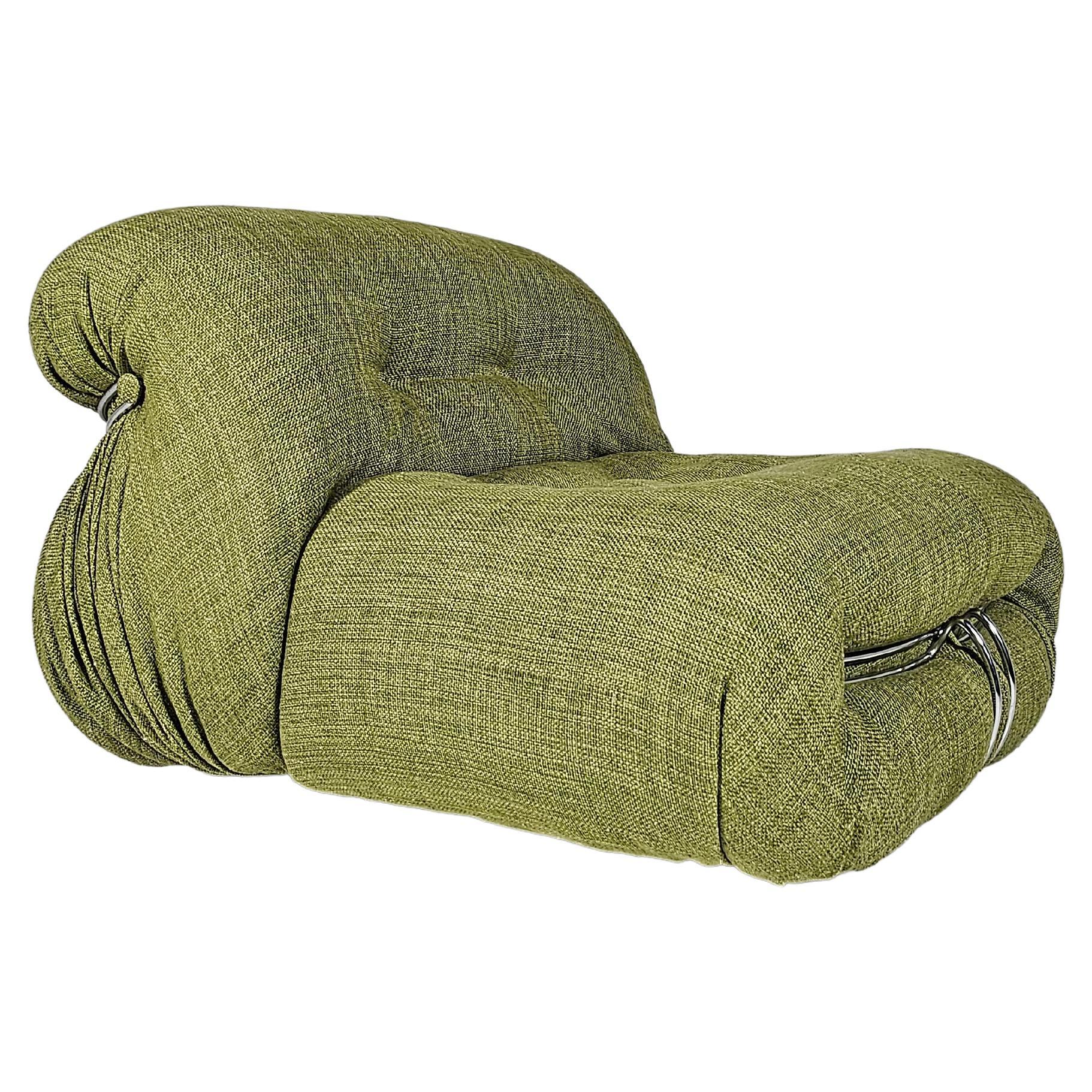 Soriana Lounge Chair in green linen fabric, Afra & Tobia Scarpa, Cassina, 1970s