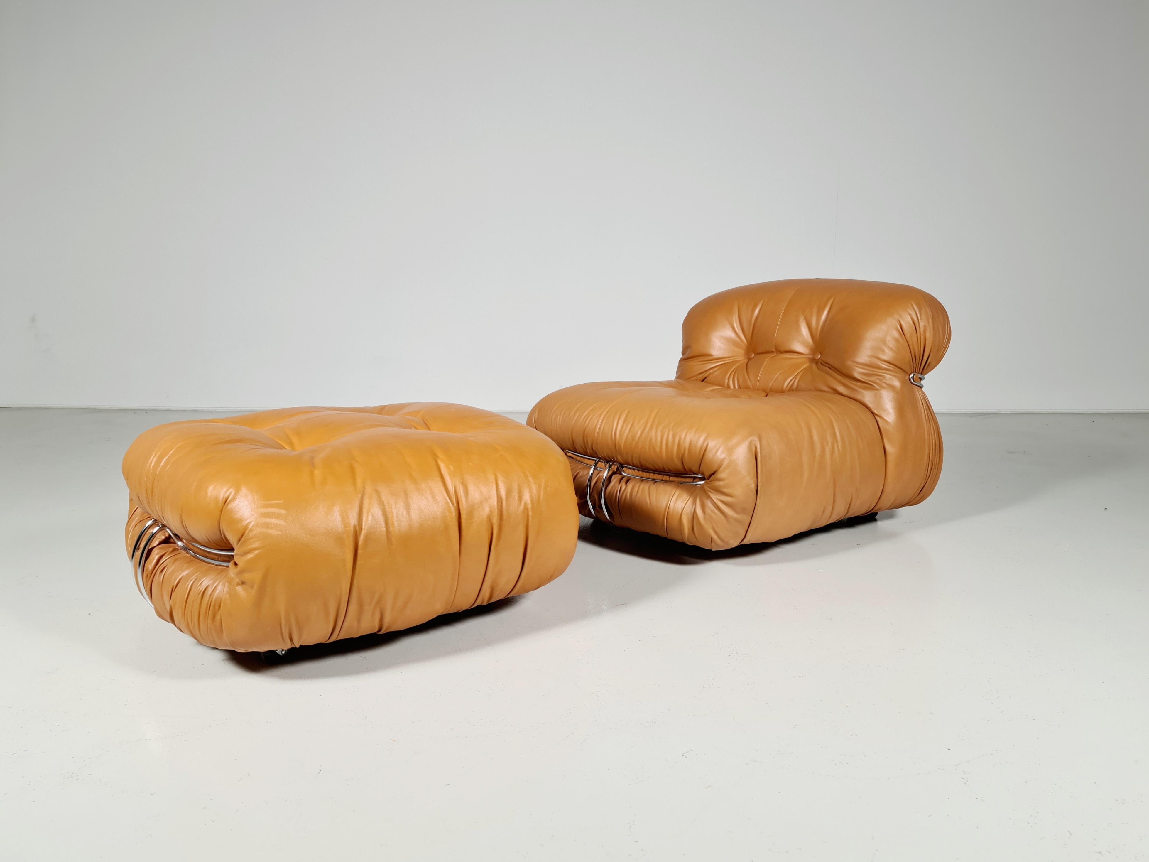 Soriana, Afra & Tobia Scarpa, Cassina, 1970

Soriana lounge chair with ottoman by Afra & Tobia Scarpa for Cassina, Italy, 1970, The original light cognac leather and foam are in very good condition and shows it’s characteristic round and bulky