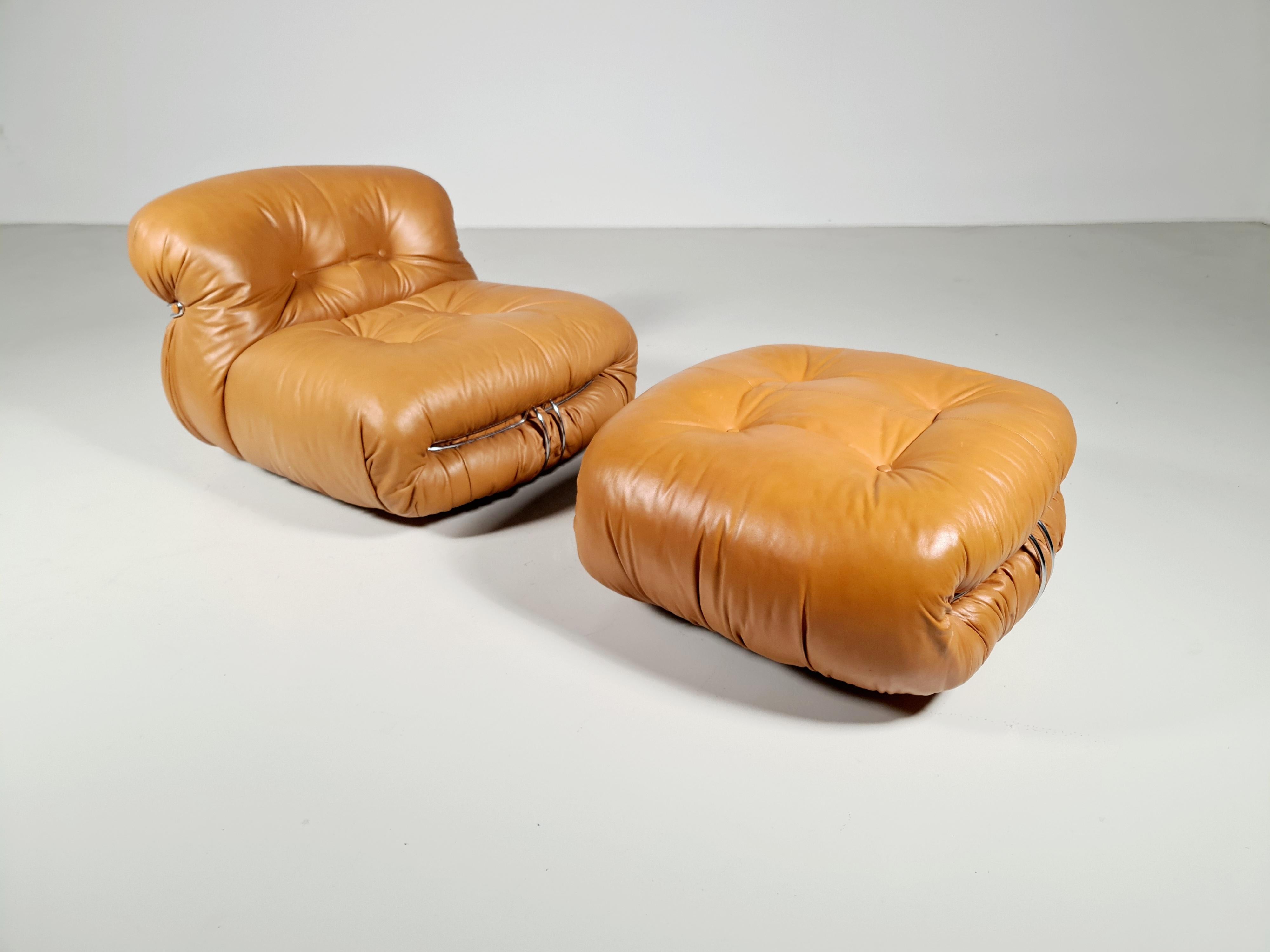 Leather Soriana Lounge Chair with Ottoman by Afra & Tobia Scarpa for Cassina, 1970