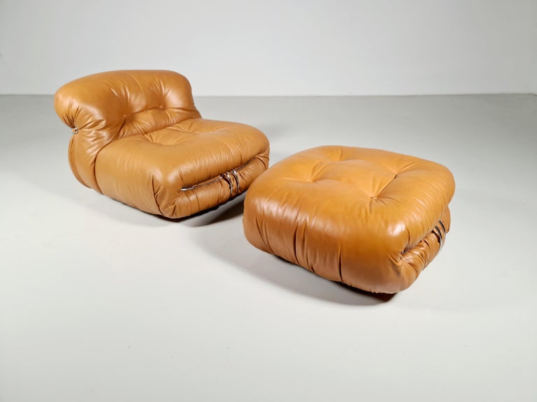 Leather Soriana Lounge Chair with Ottoman by Afra & Tobia Scarpa for Cassina, 1970 For Sale
