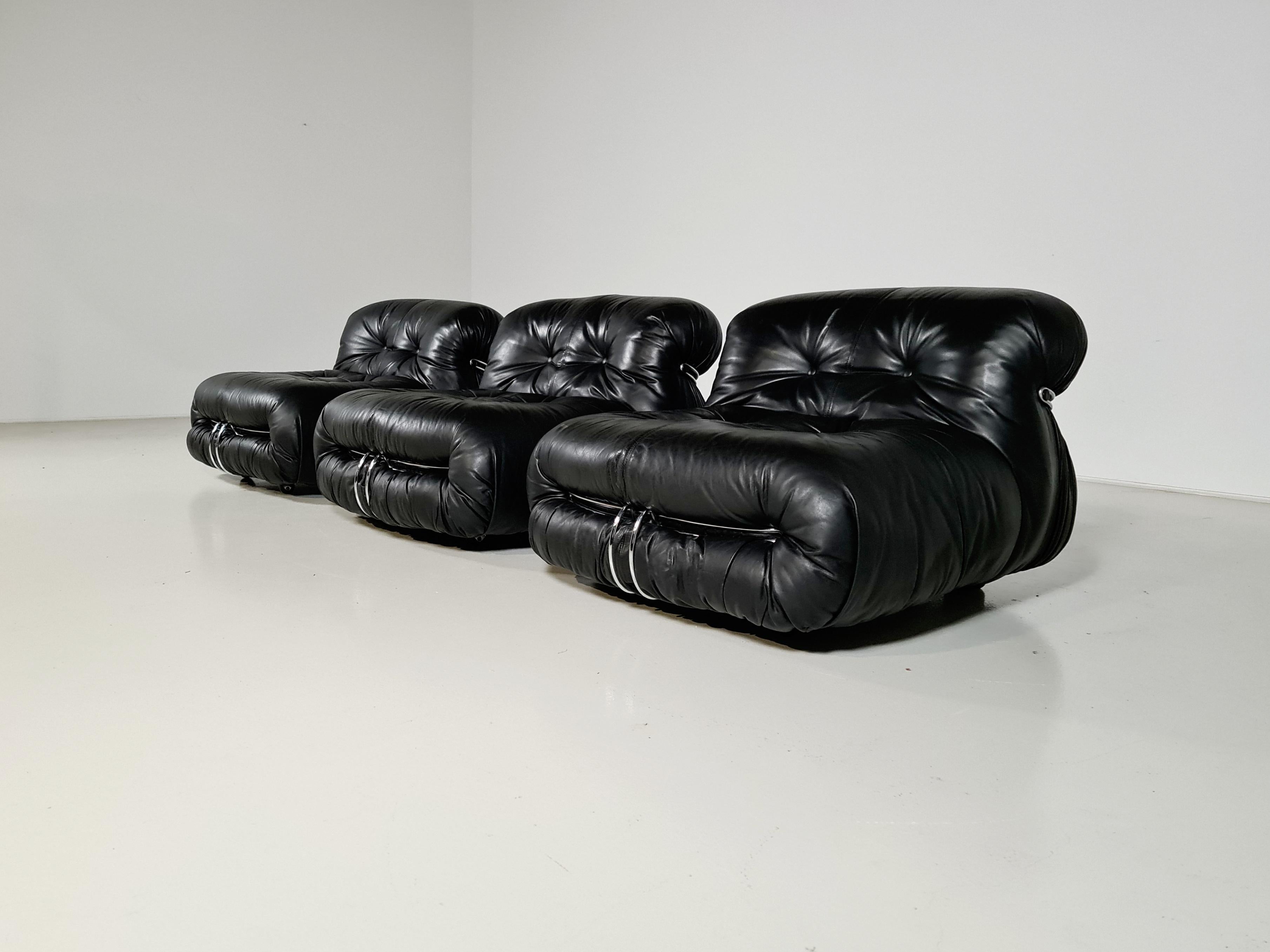 Soriana chair by Afra & Tobia Scarpa for Cassina, Italy, 1970. Upholstered in the original black leather and shows it’s characteristic round and bulky shape. The concept behind the Soriana series was to express a comfortable design where a bundle of