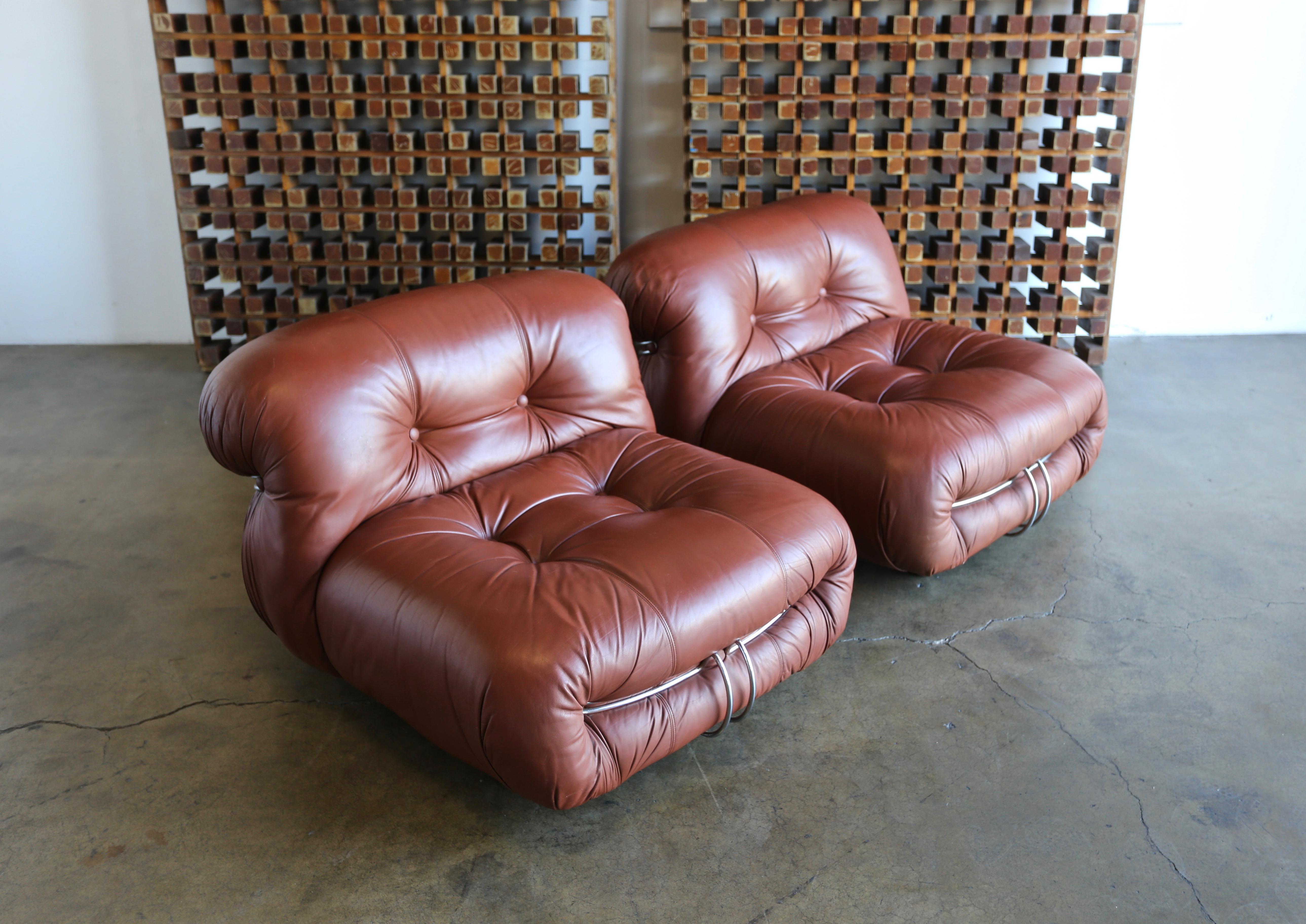 Soriana lounge chairs by Afra & Tobia Scarpa for Cassina, circa 1975. Original leather.